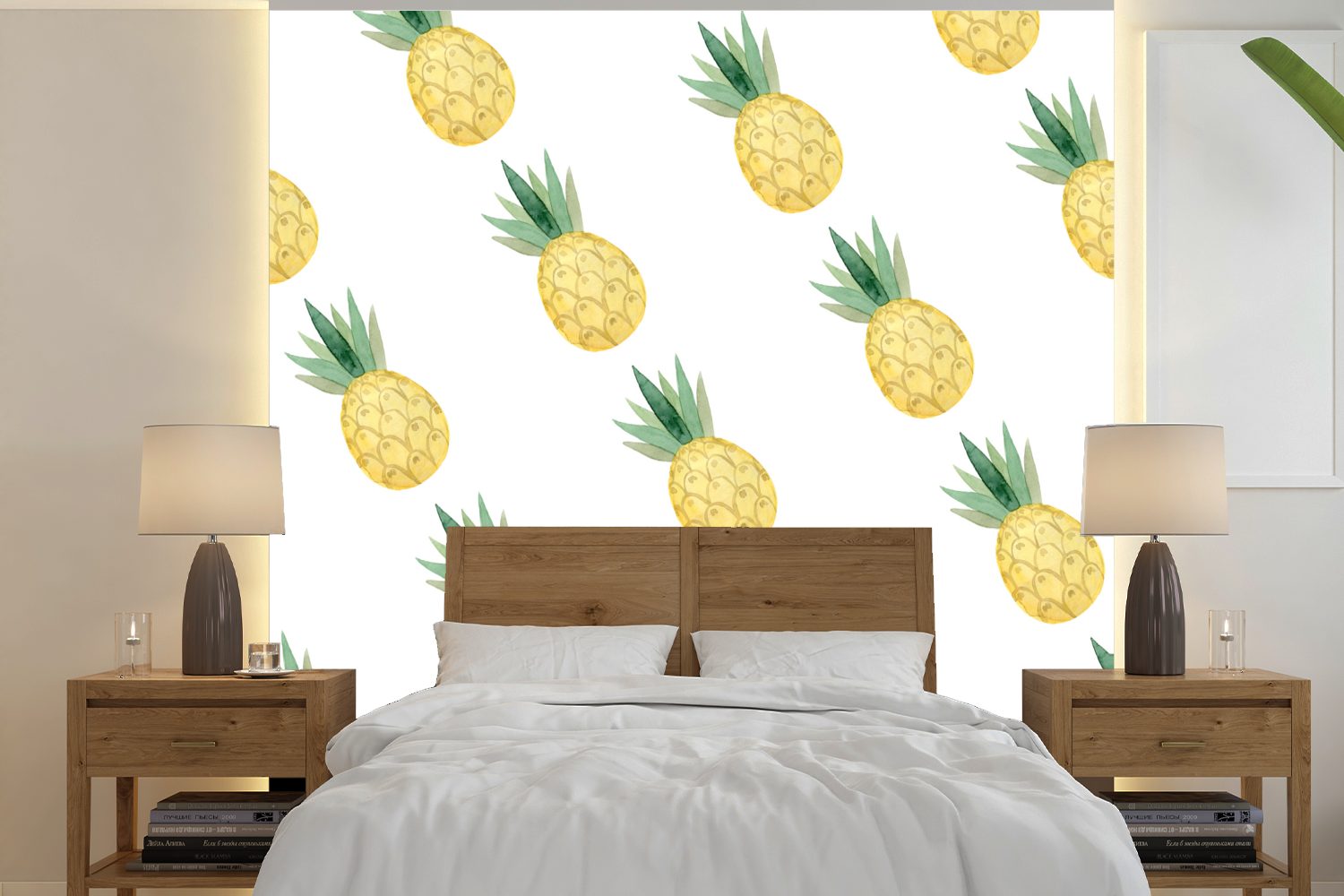 MuchoWow Fototapete Ananas - Obst - Schablonen, Matt, bedruckt, (5 St), Vinyl Tapete für Wohnzimmer oder Schlafzimmer, Wandtapete