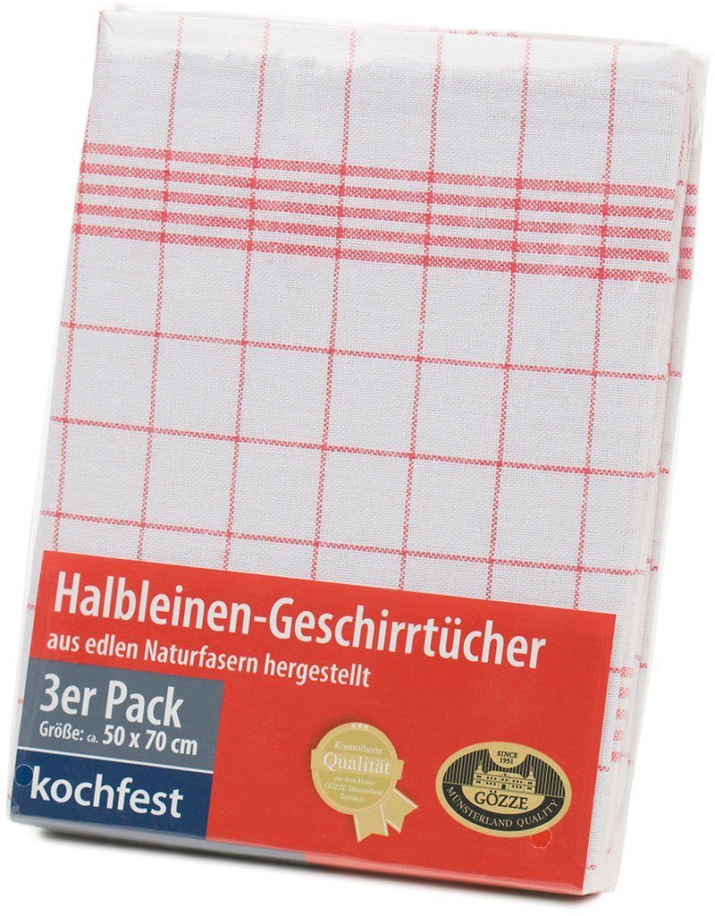 Halbleinen Des. Geschirrtuch, aus 60152, Naturfasern edlen 3-tlg), Gözze Geschirrtuch (Set, rot