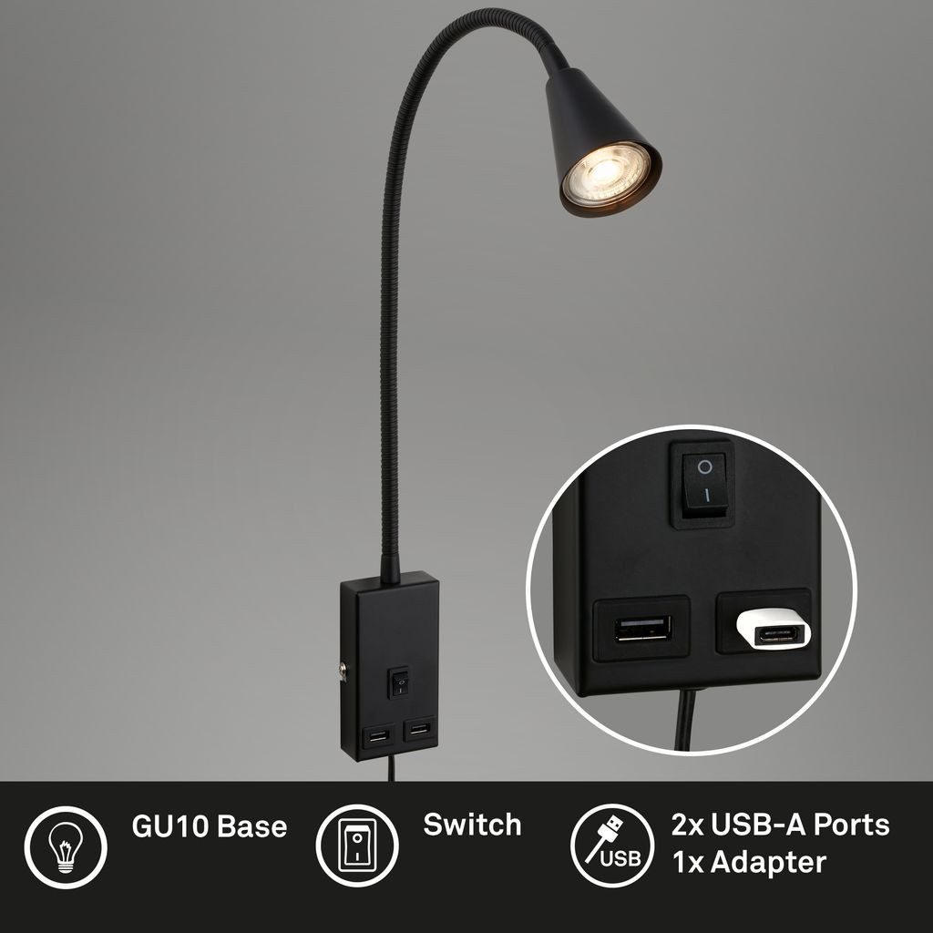 Briloner Leuchten Wandleuchte 2175015, ohne Leuchtmittel, 2700K - Extra-Warmweiß, LED Bettlampe 48,5x6x42cm Schwarz max.10W GU10 Wandlampe Schlafzimmer