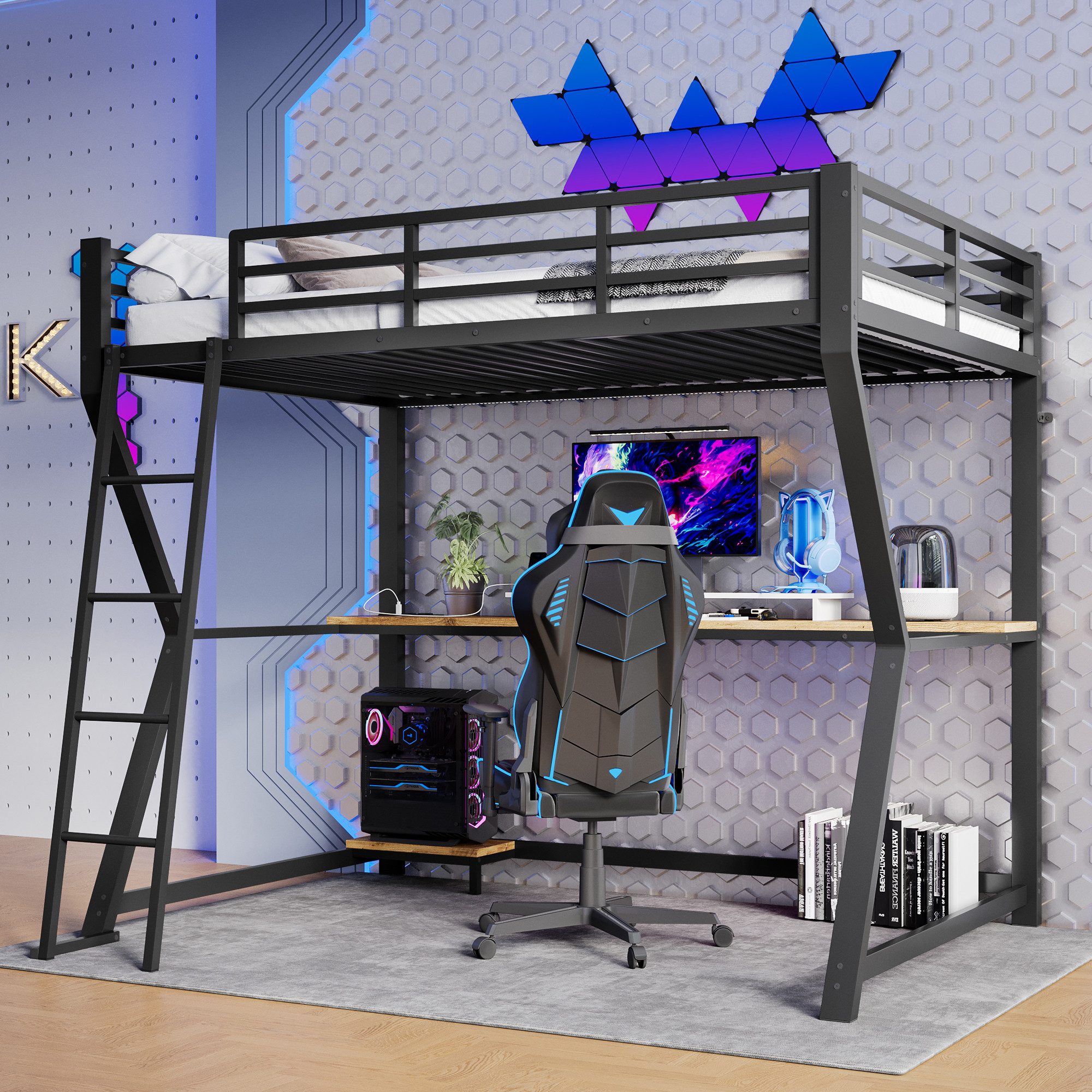 HAUSS SPOLE Hochbett 90x200cm mit Ambientelicht, Schreibtisch, Steckdose+US günstig online kaufen