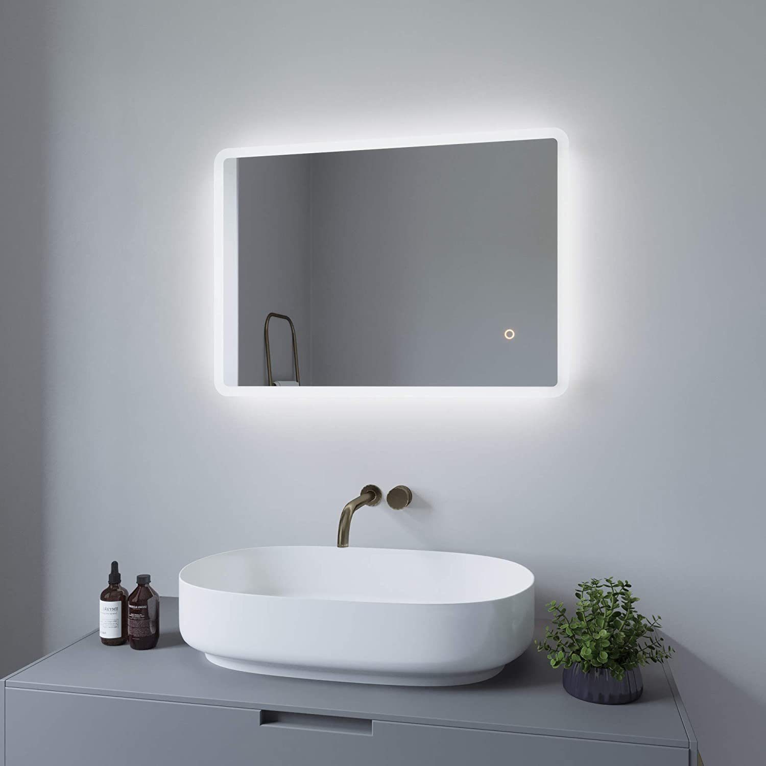 Kaltweiß 6400K Dimmbar Badspiegel IP44 AQUABATOS Beleuchtung Badezimmerspiegel LED-Lichtspiegel Energiesparend LED 70x50cm, Schalter mit Bad Spiegel Touch
