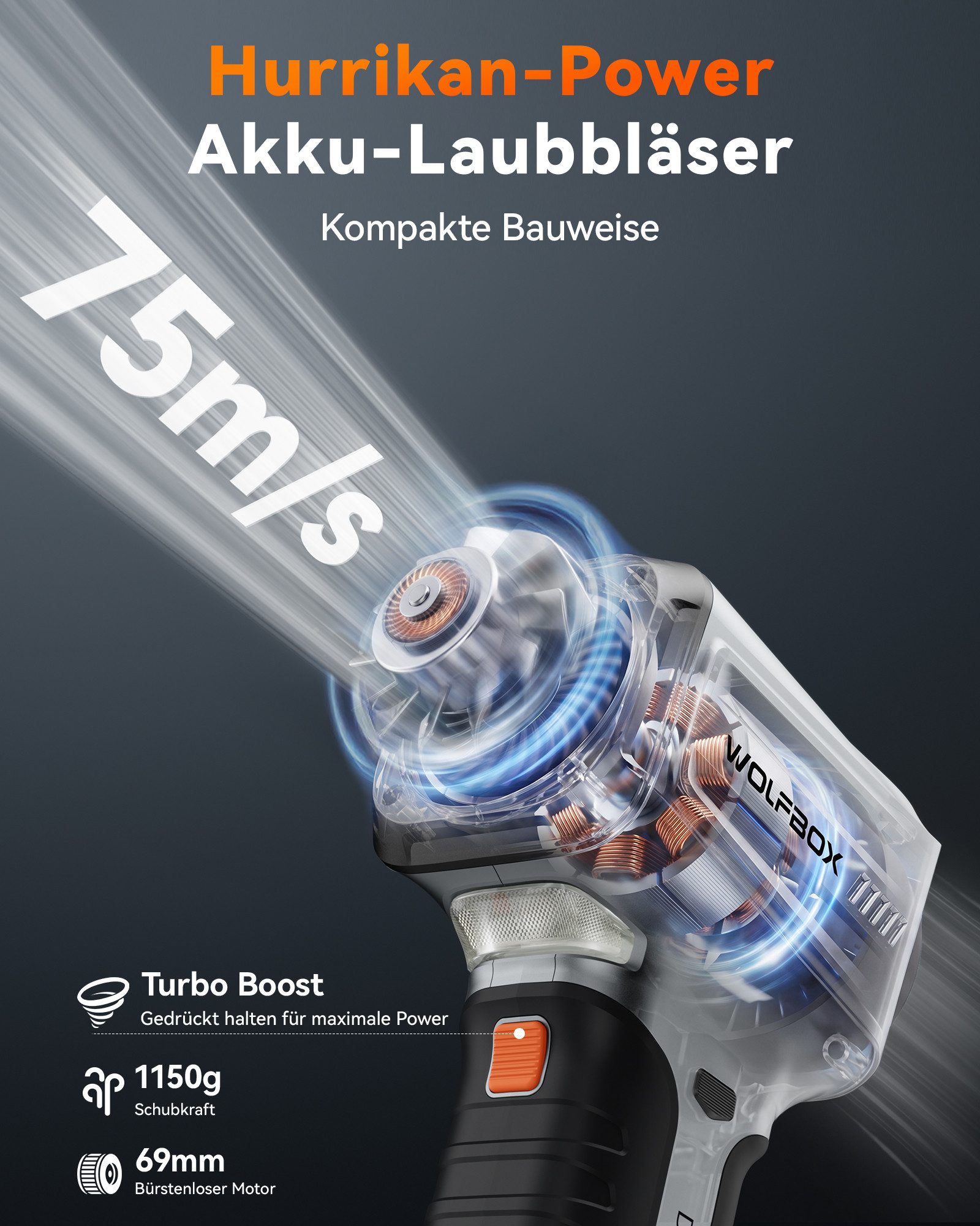 WOLFBOX Akku-Laubbläser MegaFlow 500pro Akku Laubbläser, 270 km/h, (1 St), für Garten, Auto, Terrasse, 3 Düsen – Bild 2 von 5