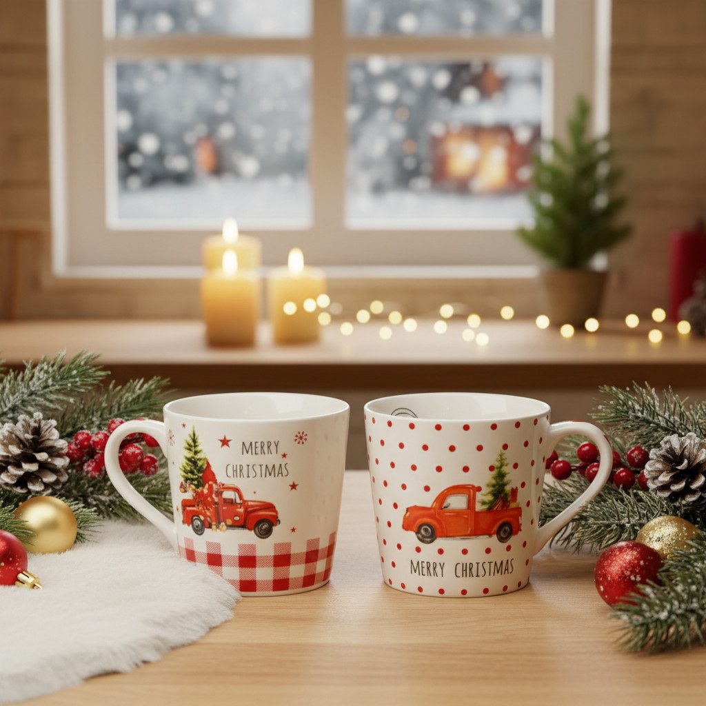 Kaemingk Weihnachtsmann Weihnachtliche Tassen mit festlichem Auto- und, 2 Stück