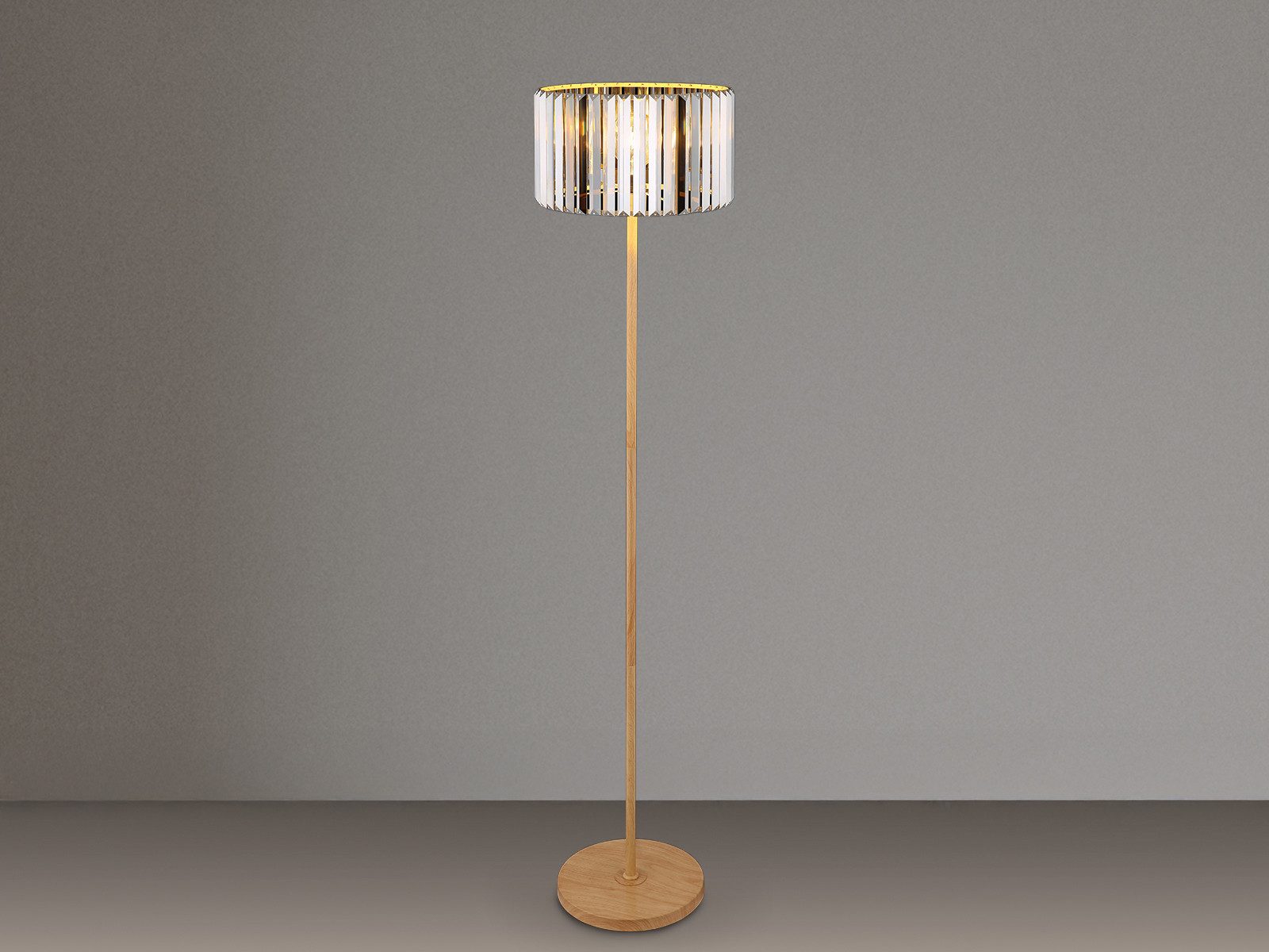 NOWA LED Stehlampe Schirm Rauchglas Kristall Höhe 150cm, Dimmfunktion, LED wechselbar, Warmweiß, ausgefallene moderne Stehleuchte dimmbar, Korpus Metall in Holzoptik