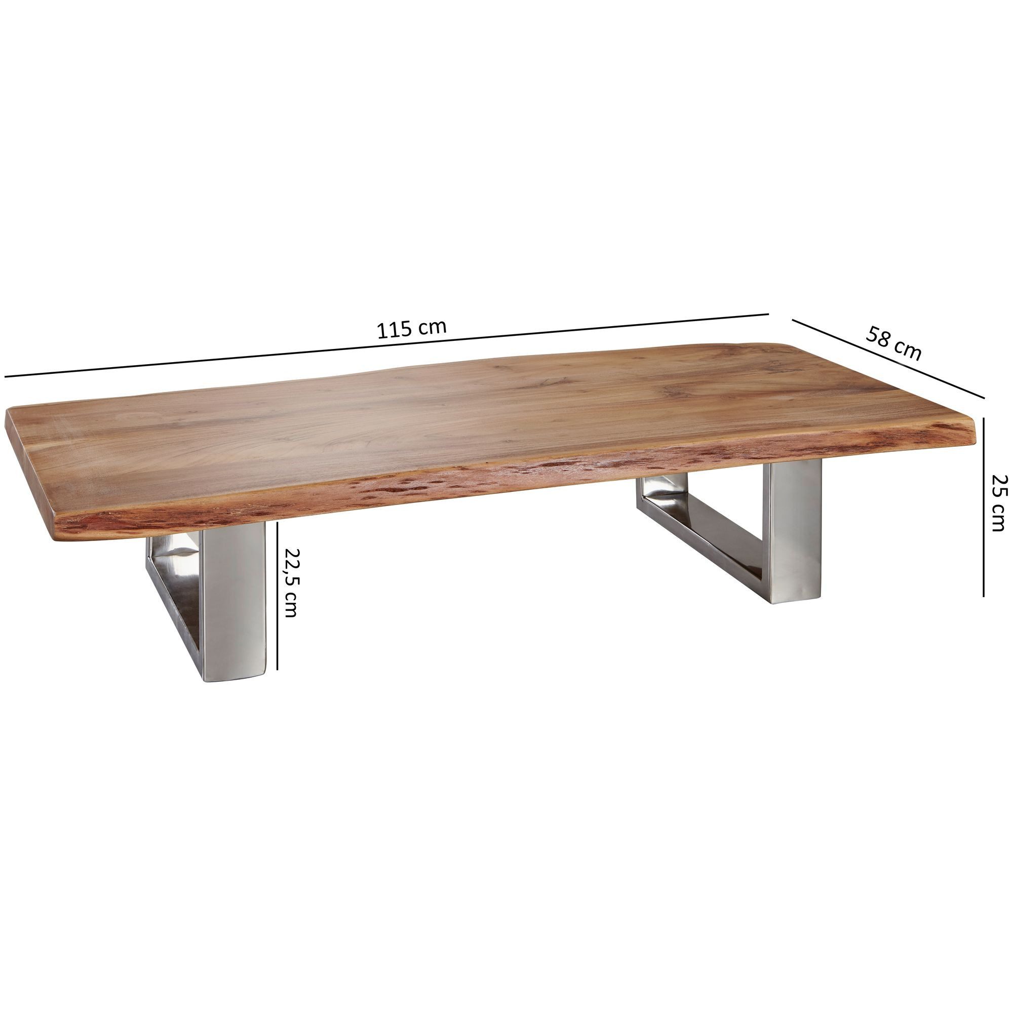 FINEBUY Couchtisch FB49356 Akazie Massiv 115cm rechteckig Wohnzimmertisch Baumkante (Sofatisch Baumkante, Großer Wohnzimmertisch), 115x25x58 cm Akazie Massivholz Metall Rechteckig