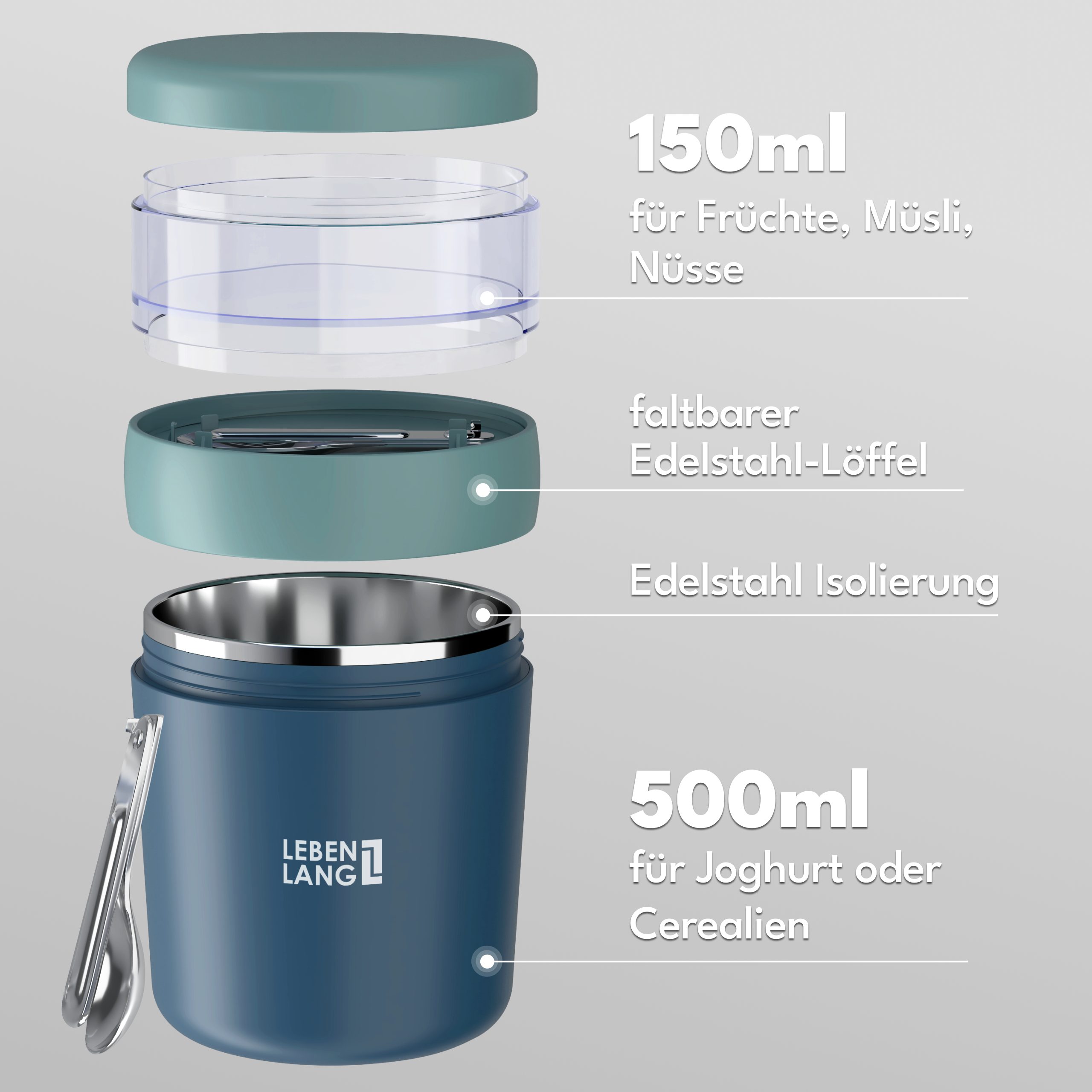 Lebenlang Aufbewahrungsbecher Müslibecher, Isolierende Edelstahlinnenwand, ToGo mit Löffel & 650ml, Edelstahl/Kunststoff, (500ml Becher, 150ml Aufsatz, Drehvershluss, faltbarer Löffel), Auslaufsicher & Perfekt für Schule, Kita, Büro oder Uni
