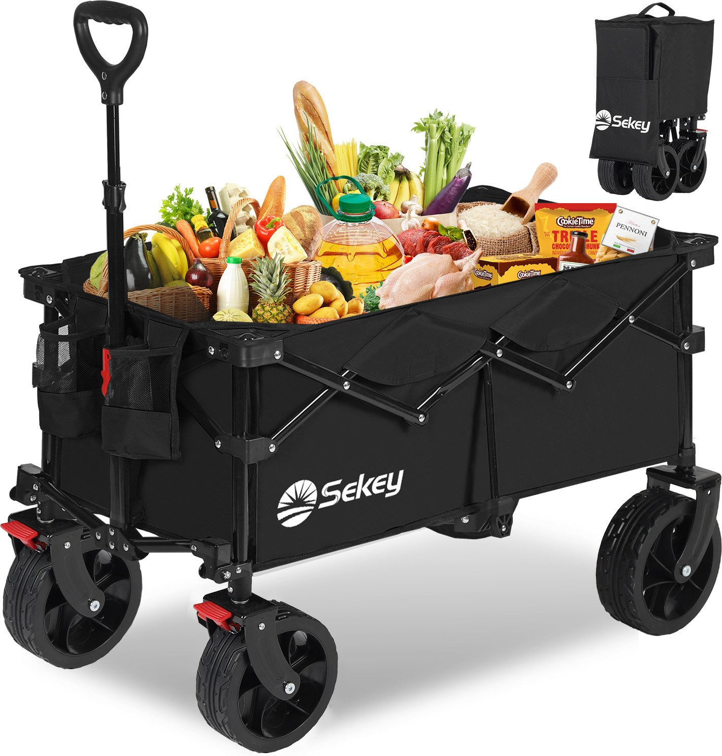 Sekey Bollerwagen 150 KG Bollerwagen Faltbar Handwagen mit Bremsen und breiten Reifen, Patentiertes, 4-fach zusammenklappbares Design, Kein Zusammenbau nötig