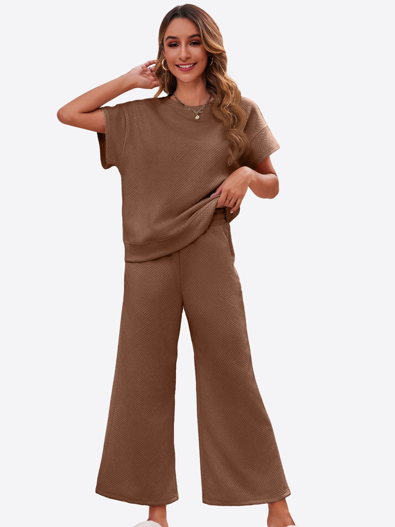 Imily Bela Hausanzug Damen Loungewear-Sets (Set, 1 tlg., Kurzarmtops + Cropped-Hosen mit weitem Bein) einfarbig