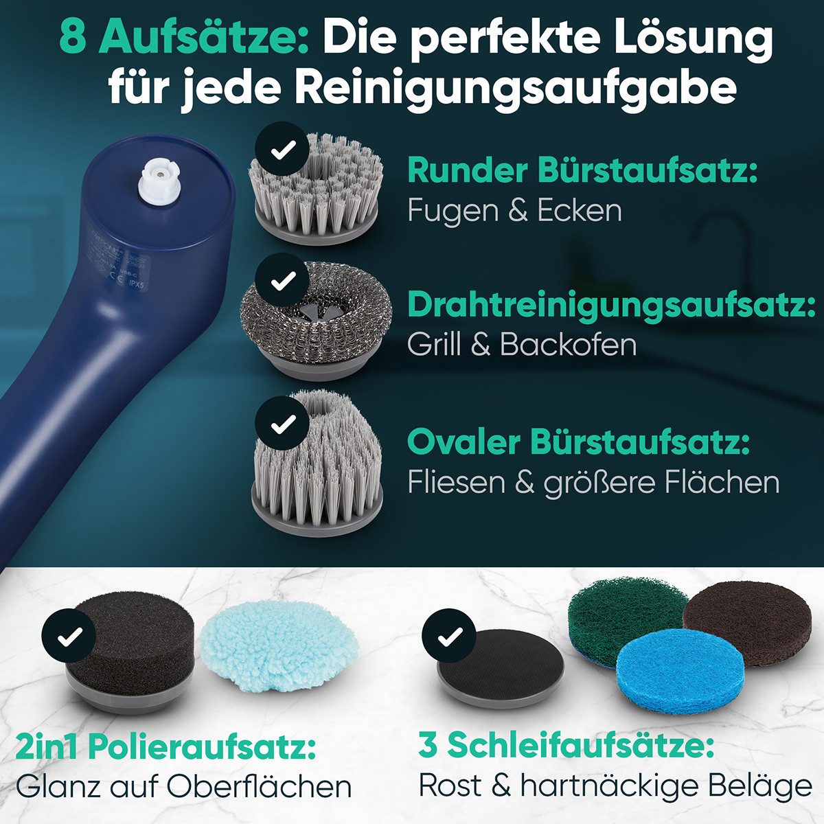 CLATRONIC Akku-Oberflächenbürste ERB 3815 A, elektrische Reinigungsbürste Akku, 8 Aufsätze – Bild 4 von 5