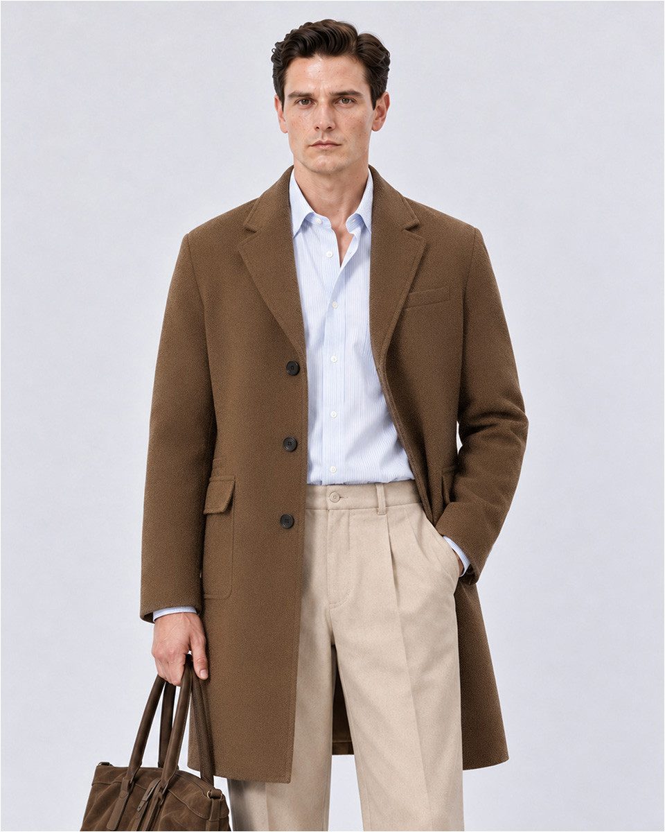 Allthemen Wollmantel Herren Langer Wollmantel Regular Fit mit Reverskragen Wintermantel