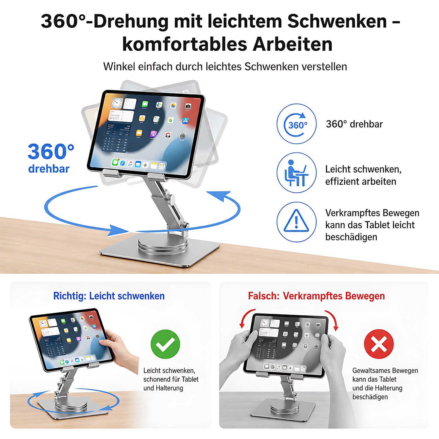 Refined Living Tablet-Ständer Tablet Halterung für Tisch 360° Drehbare höhenverstellbar Faltbarer, (Verstellbarer Aluminium Desktop-Ständer Tablet und Handy Stä – Bild 4 von 5
