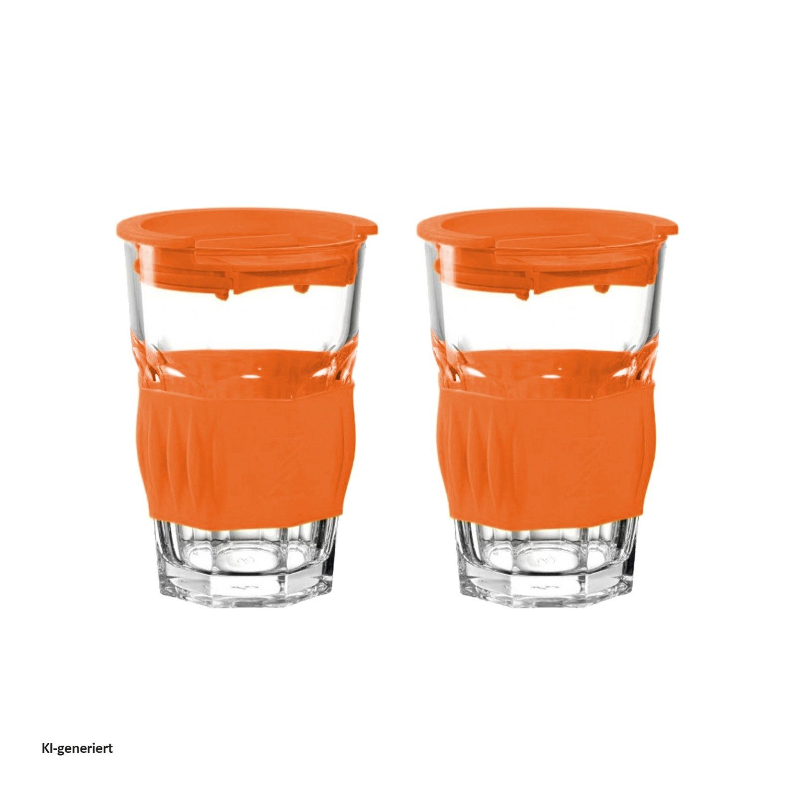 montana-Glas Becher Becher to go 2er-Set Orange, 2-tlg., Glas, Kunststoff, Trinkgläser mit Deckel