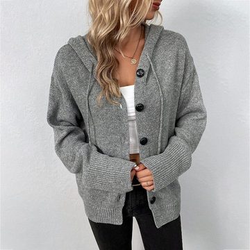 RUZU UG Strickjacke Pullover Damen Strick-Cardigan-Mantel mit Kapuze und Kordelzug