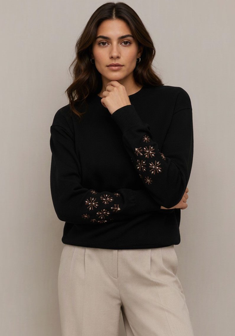 Tamaris Sweater mit Blumen-Stickerei aus elastischer Baumwollqualität