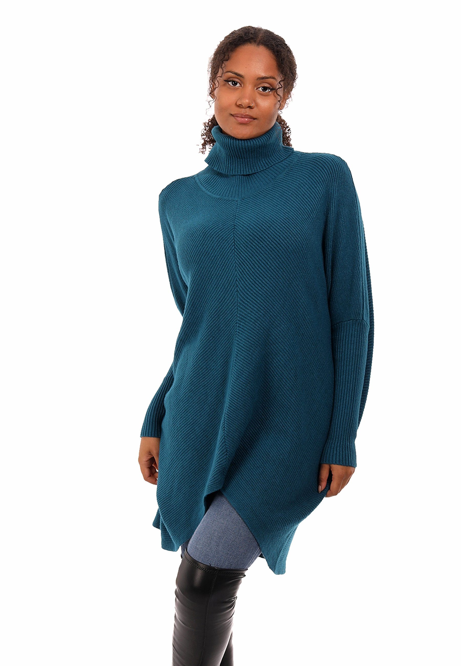 YC Fashion & Strickpullover mit asymmetrisch Rollkragen überschnittenen (1-tlg) Style Size Unifarbe, in Plus Longpullover Schultern petrol mit