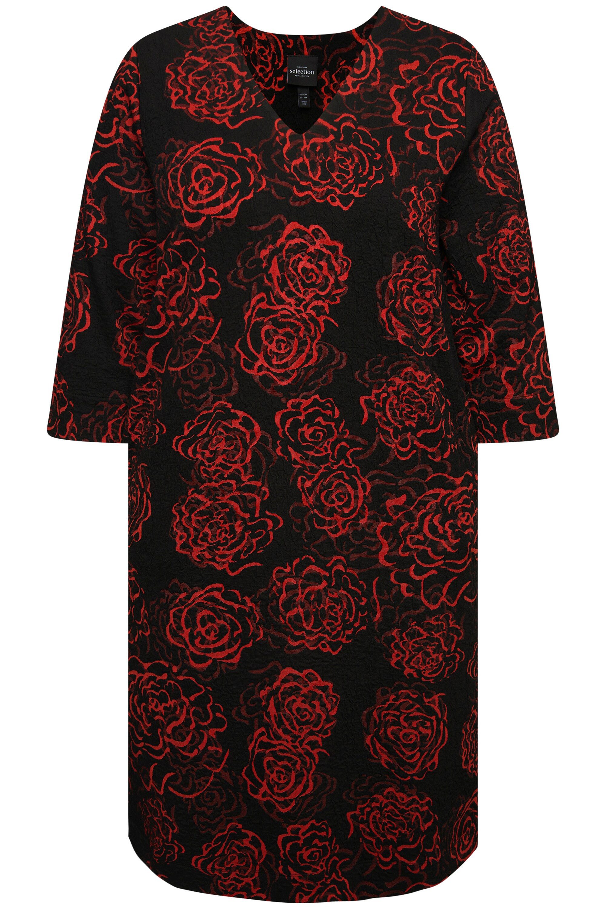 Ulla Popken Midikleid Jacquard-Jerseykleid V-Ausschnitt 3/4-Arm Taschen günstig online kaufen