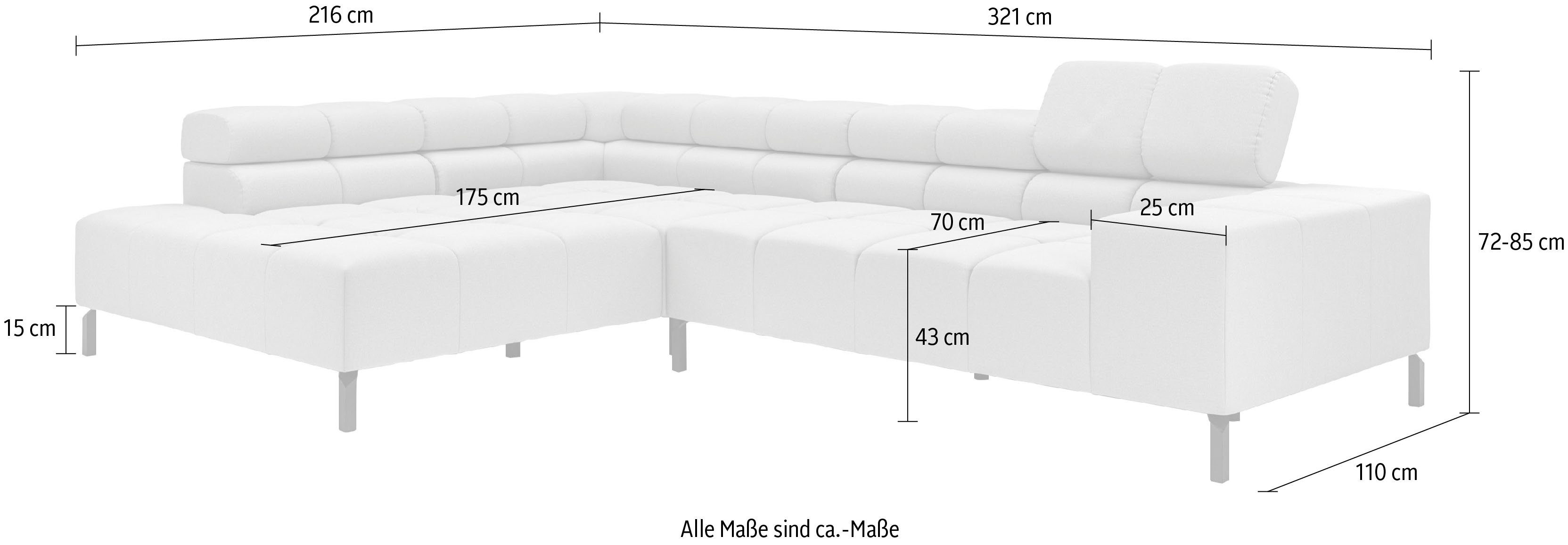 feine im 3 New, Ancona Ecksofa INOSIGN Sitzbereich, Kopfteilverstellung, Zierkissen Steppung mit