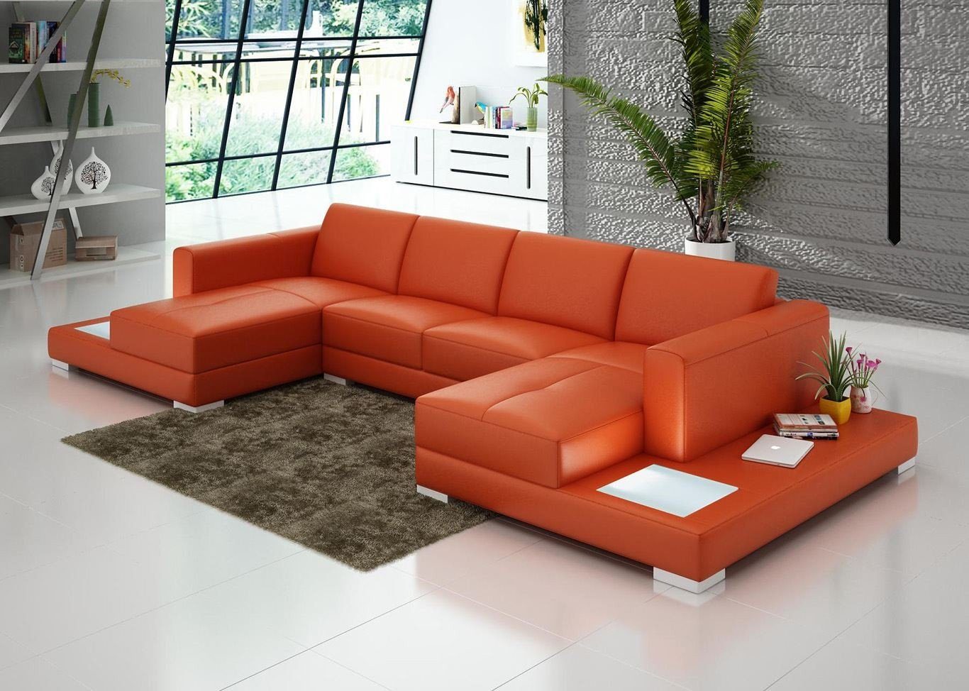 JVmoebel Ecksofa, U Form Sofa Couch Polster Wohnlandschaft Design Ecksofa Leder Couchen Orange