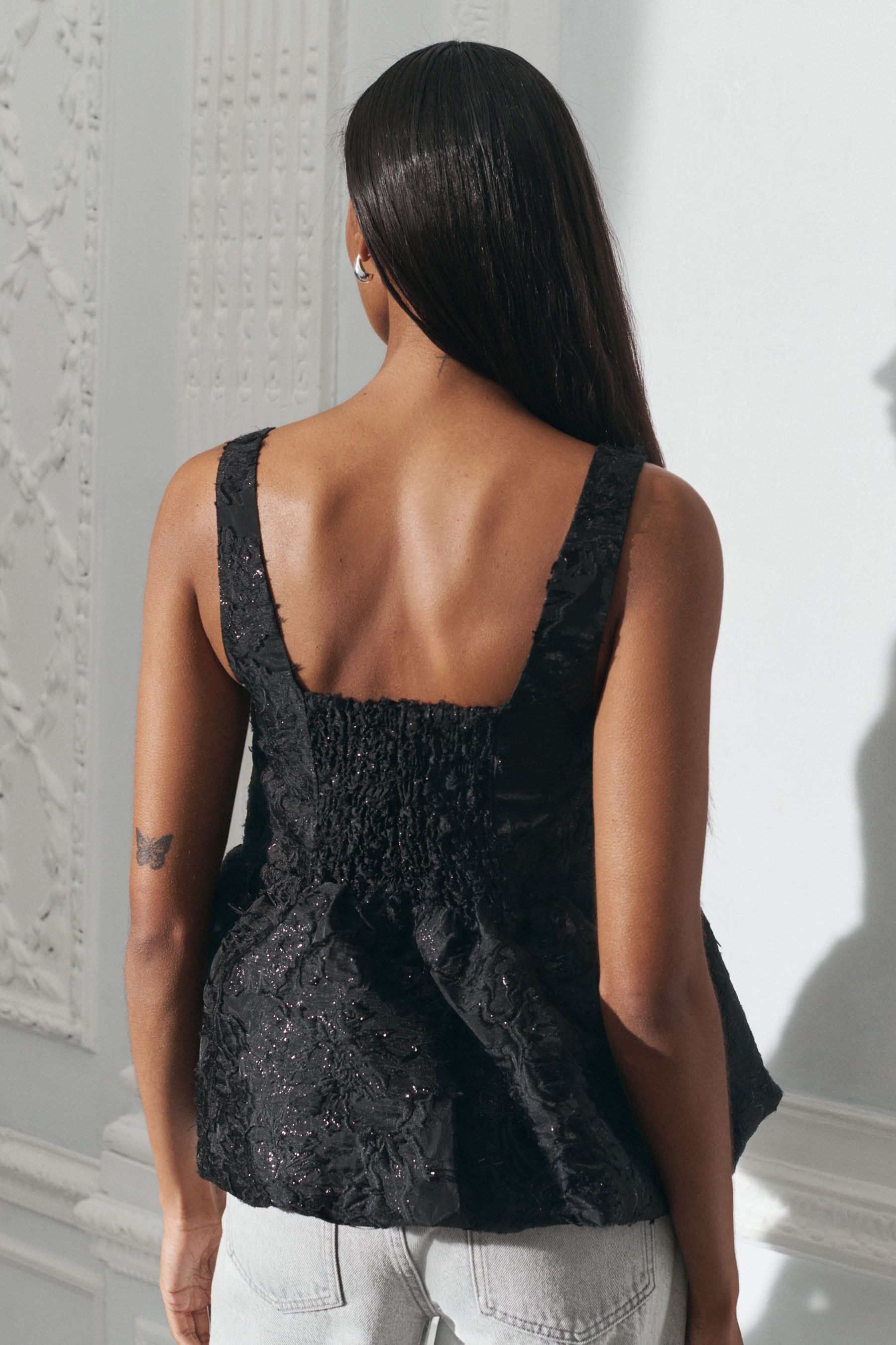 Next Blusentop Bauschiges Jacquard-Oberteil mit Schößchen (1-tlg)