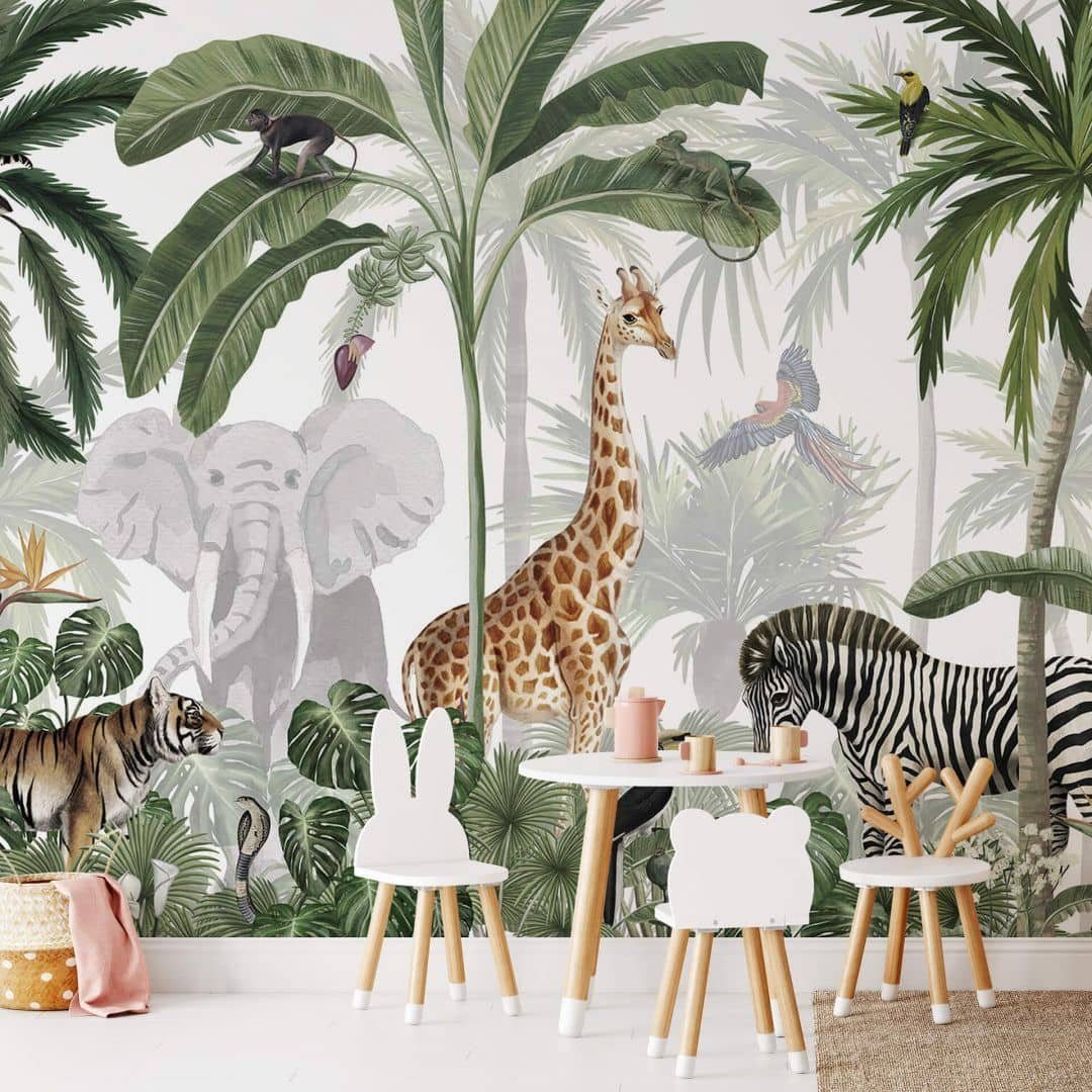 K&L Wall Art Fototapete Kikki Belle - Dschungel Jive, Tiere Elefant Giraffe, Vliestapete, große XXL Motivtapete