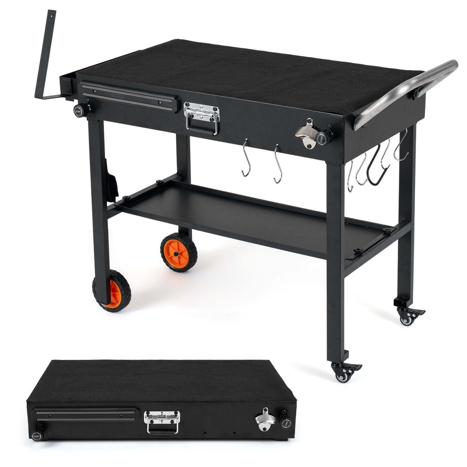 KOMFOTTEU Grillablagetisch, Grilltisch mit Rollen, Papierhalter & magnetischer Werkzeugablage
