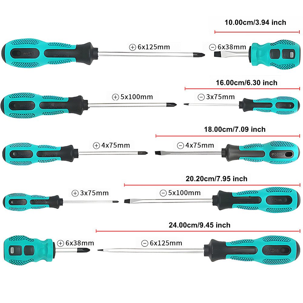PODOFO Schraubendreher Schraubendreher Set 10 Stück - Profi Magnetische - PH 5 & SL 5 Größen, (10 St)