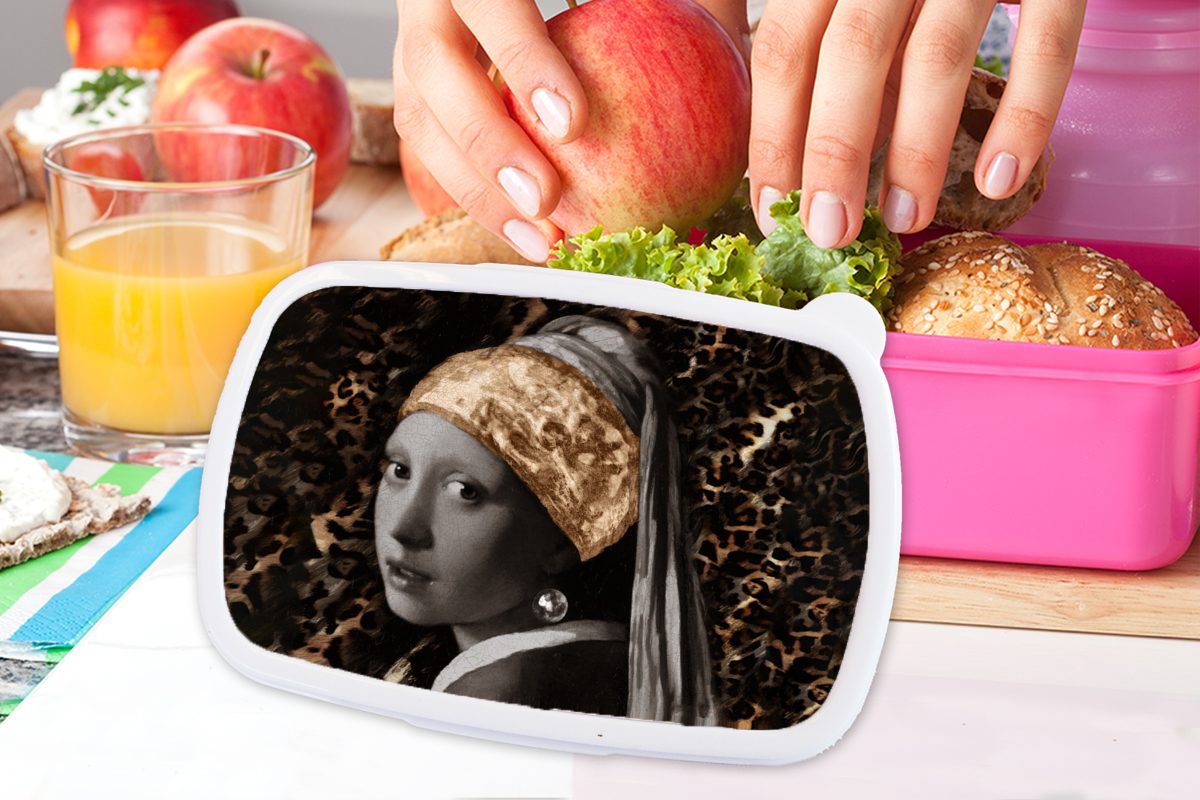MuchoWow Lunchbox Das Mädchen Brotbox (2-tlg), - Kinder, Snackbox, rosa Brotdose Design Perlenohrring - Mädchen, dem mit Erwachsene, für Panther, Kunststoff Kunststoff
