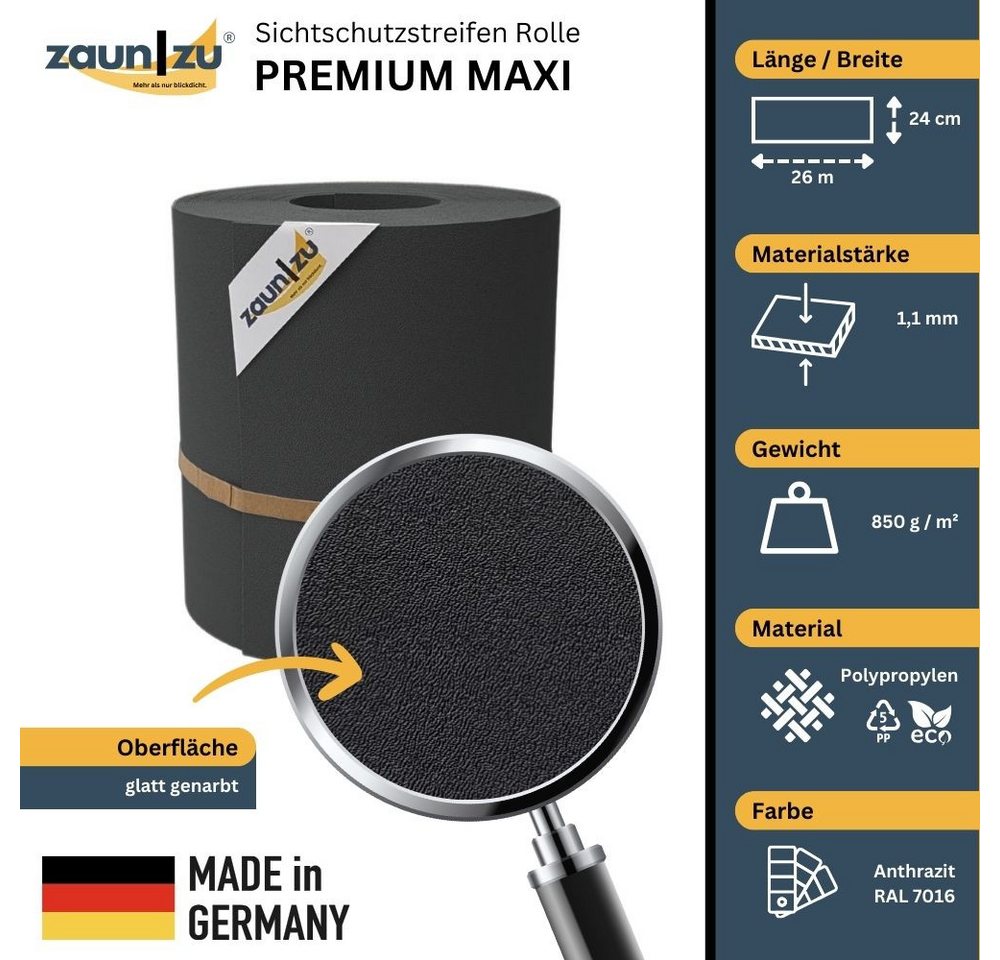 Thumbnail - zaunzu Sichtschutzstreifen Premium Maxi für Doppelstabmatten 24cm hoch Anthrazit 26m, (1x Einzelstreifen, 24cm hoch, UV-...