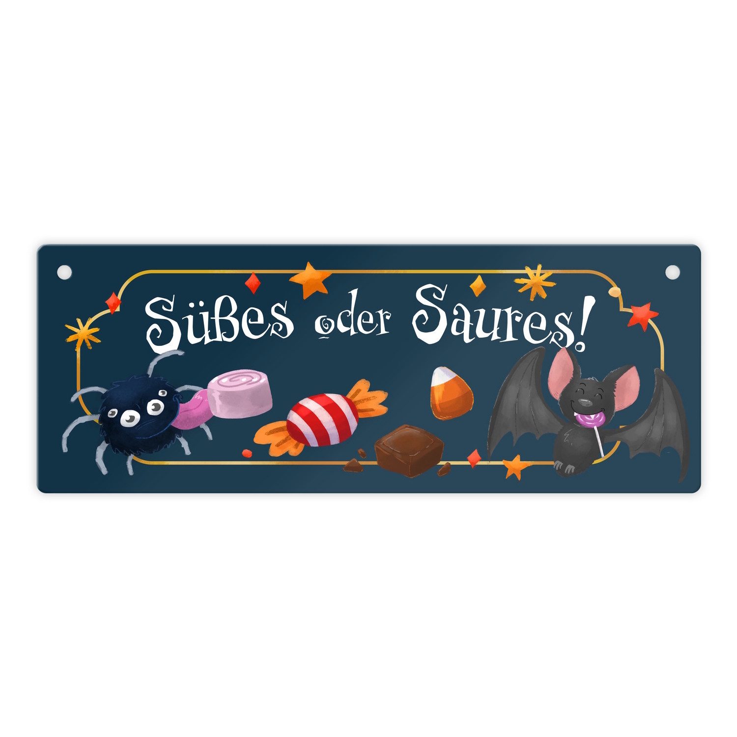 Metallschild Süßes oder Saures Halloween Metallschild mit Spinne und Fledermaus