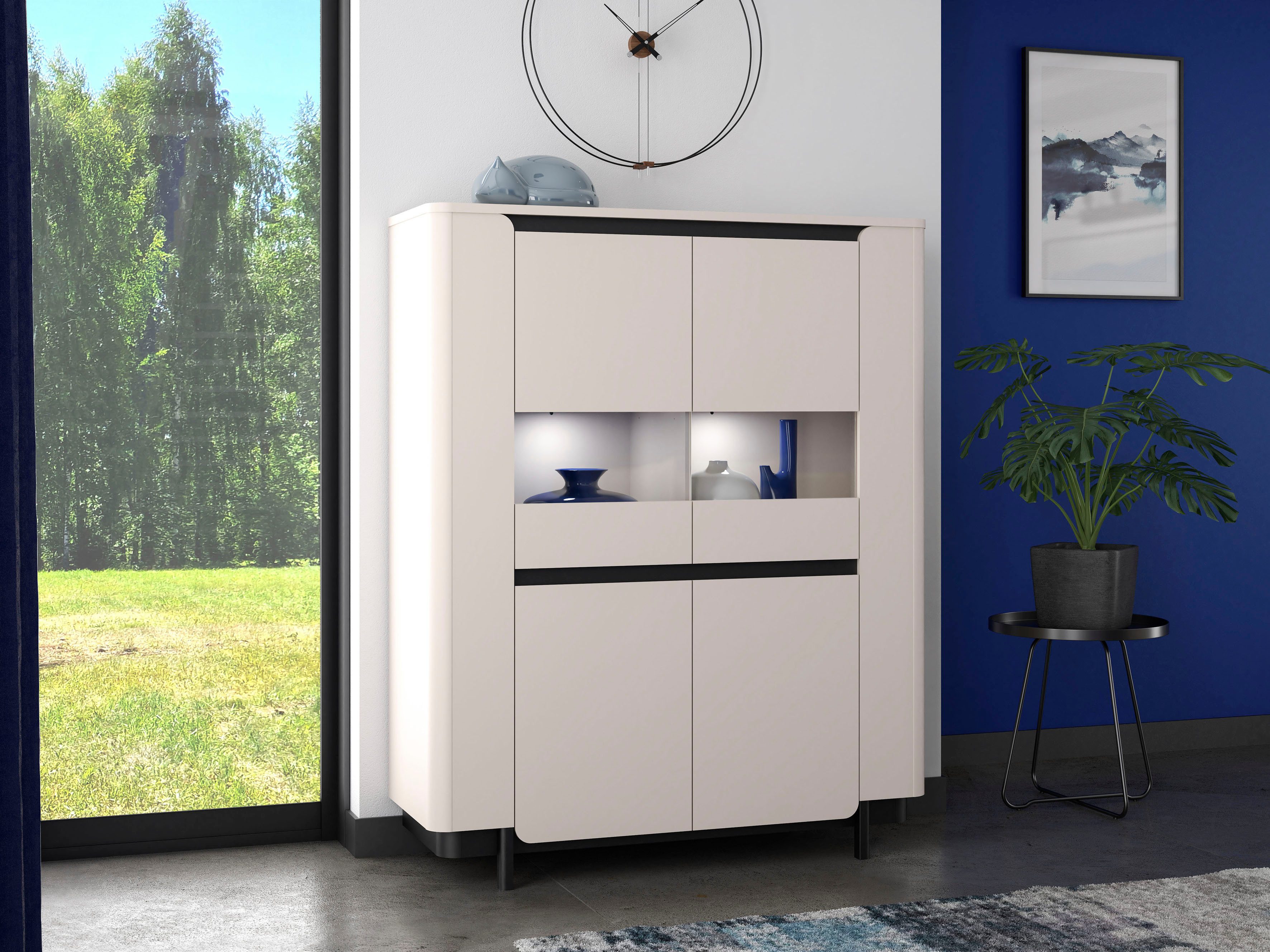 FORTE Vitrine Vodol Highboard, Glatüren, abgerundete Kanten