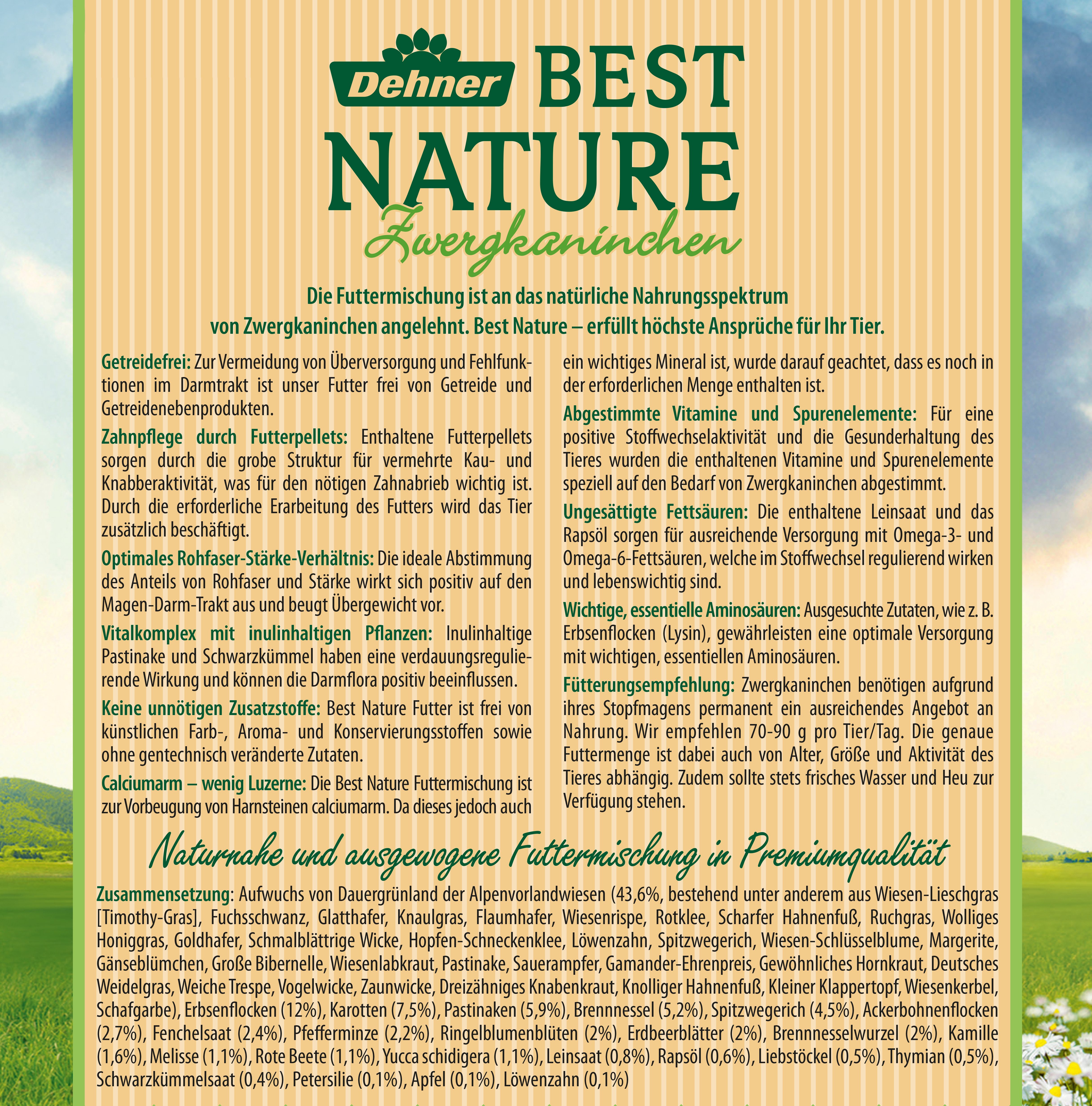 Dehner Best Nature Zwergkaninchenfutter getreidefrei, 2 kg, Hauptfutter für: Zwergkaninchen, Kaninchen, Kleintiere, 43,6 % Aufwuchs von Dauergrünland der Alpenvorlandwiesen