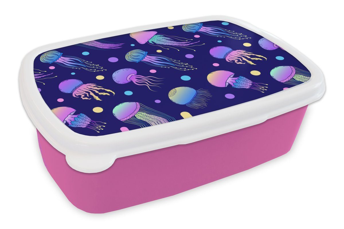 MuchoWow Lunchbox Quallen - Neon - Muster - Regenbogen, Kunststoff, (2-tlg), Brotbox für Erwachsene, Brotdose Kinder, Snackbox, Mädchen, Kunststoff rosa