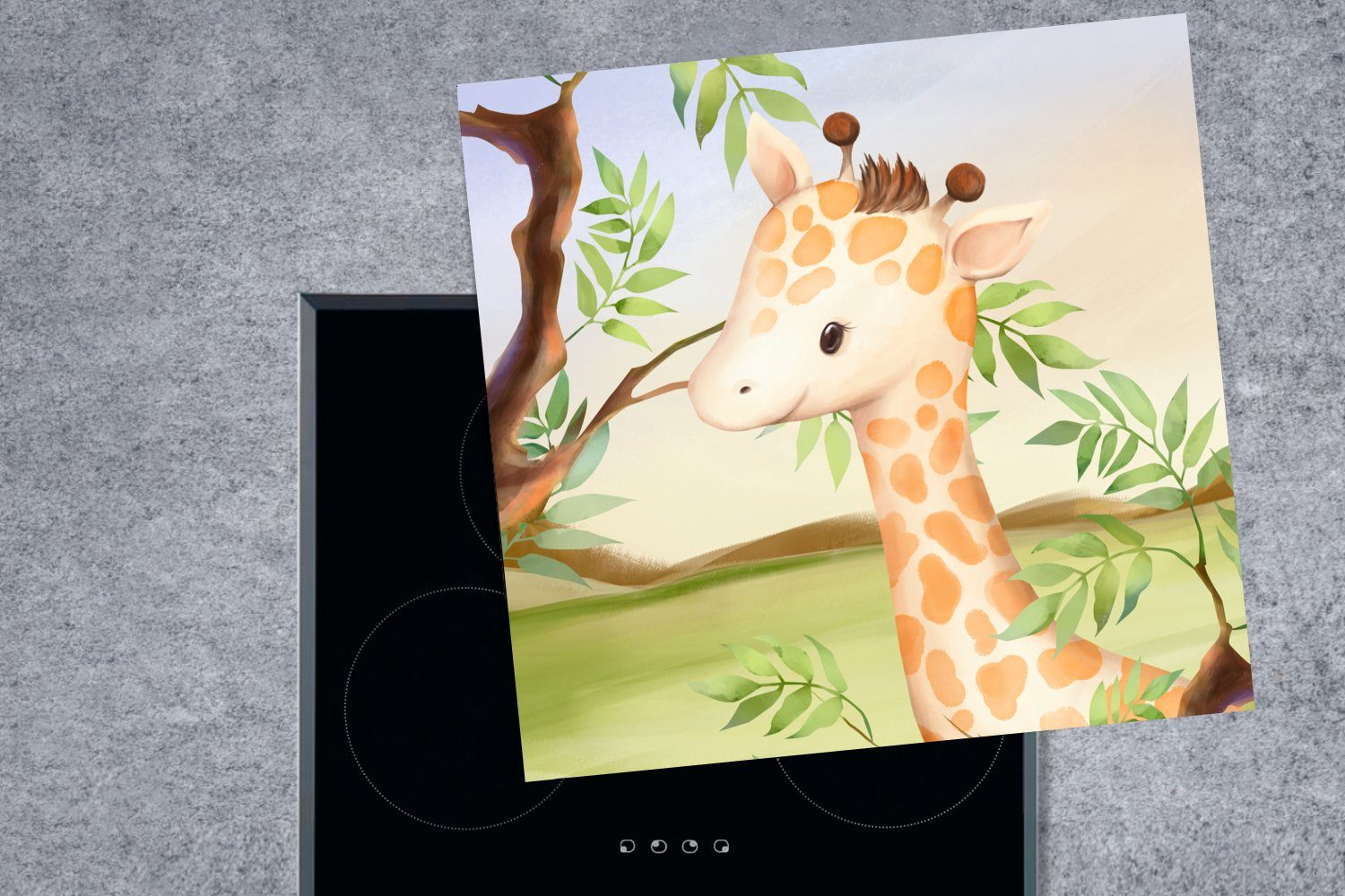 Arbeitsplatte für cm, MuchoWow - Blätter, Vinyl, Herdblende-/Abdeckplatte Giraffe Ceranfeldabdeckung, tlg), Dschungel (1 78x78 küche -