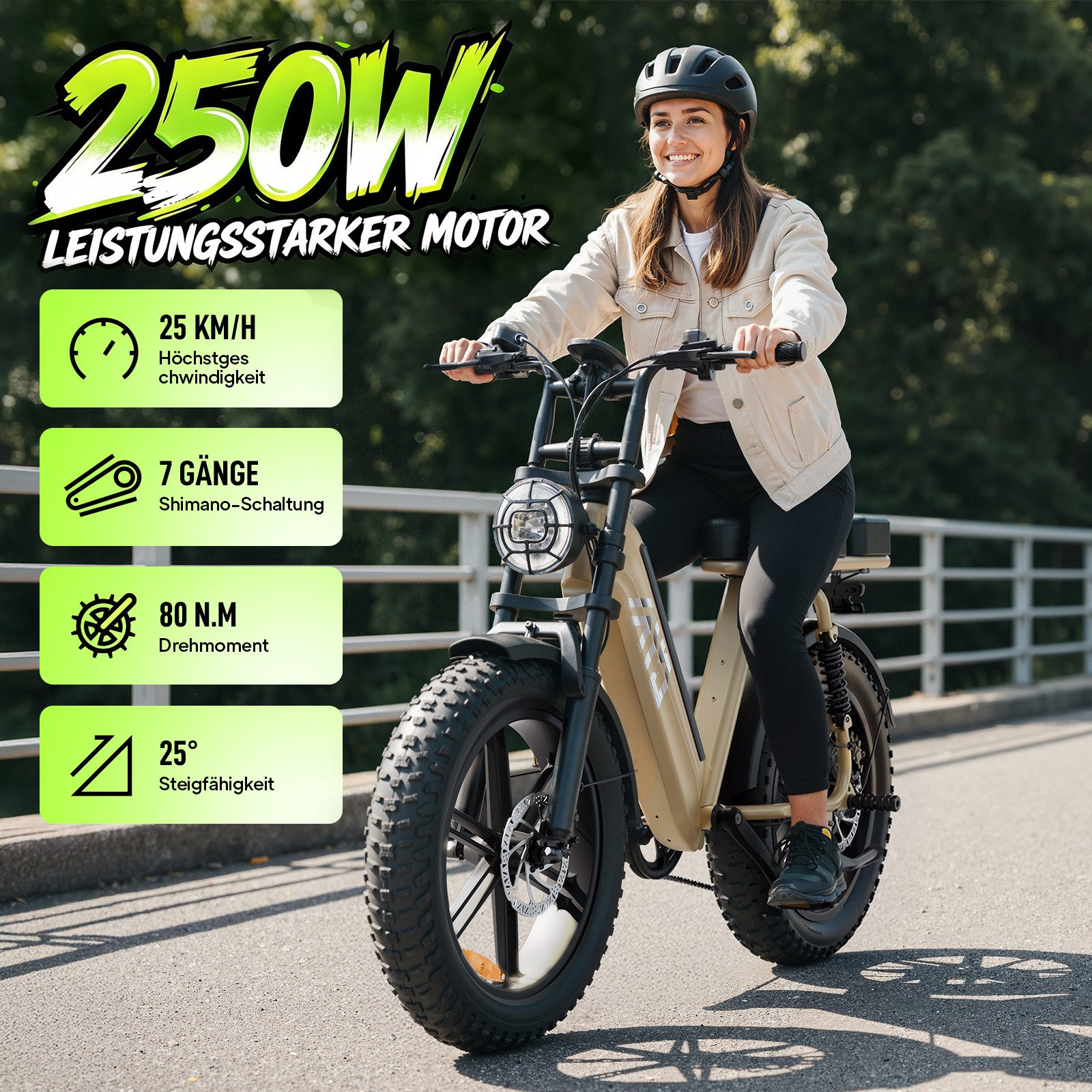 SISIGAD E-Bike Mountainbike 20'' Fat Tire E-Bike 48V 15AH,250W, Herausnehmbarer Akku, APP, R7, Shimano, Heckmotor, 720 Wh, 7-Gang Schaltung,100 km Reichweite(PAS) für Alltag und Freizeit