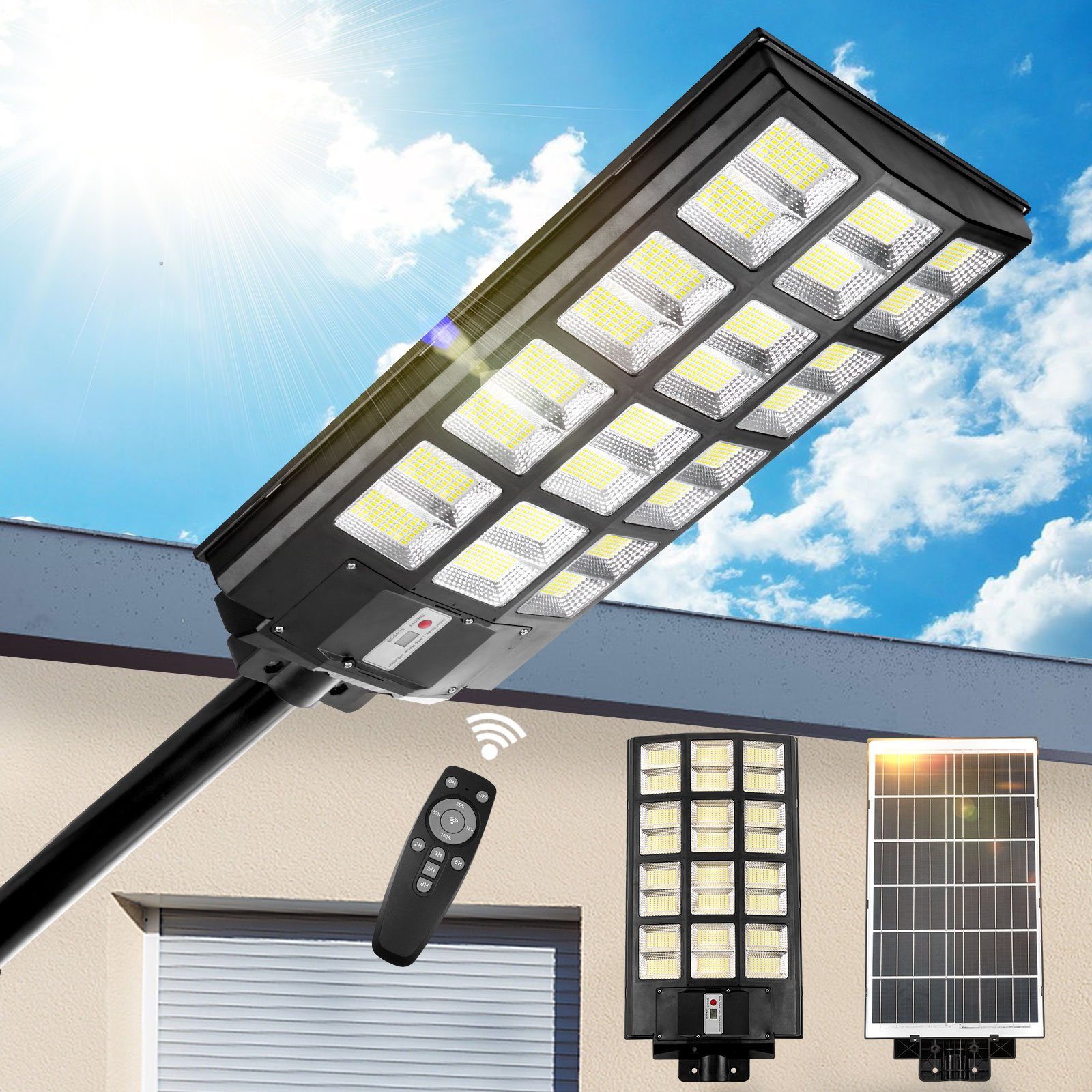 Sunicol LED Flutlichtstrahler Solarbetriebenes Sicherheitsflutlicht, 6500K, für Außenparkplätze, Tageslichtweiß, mit Fernsteuerung,Timer, IP65 wasserdicht,mit Bewegungssensor Große Größe