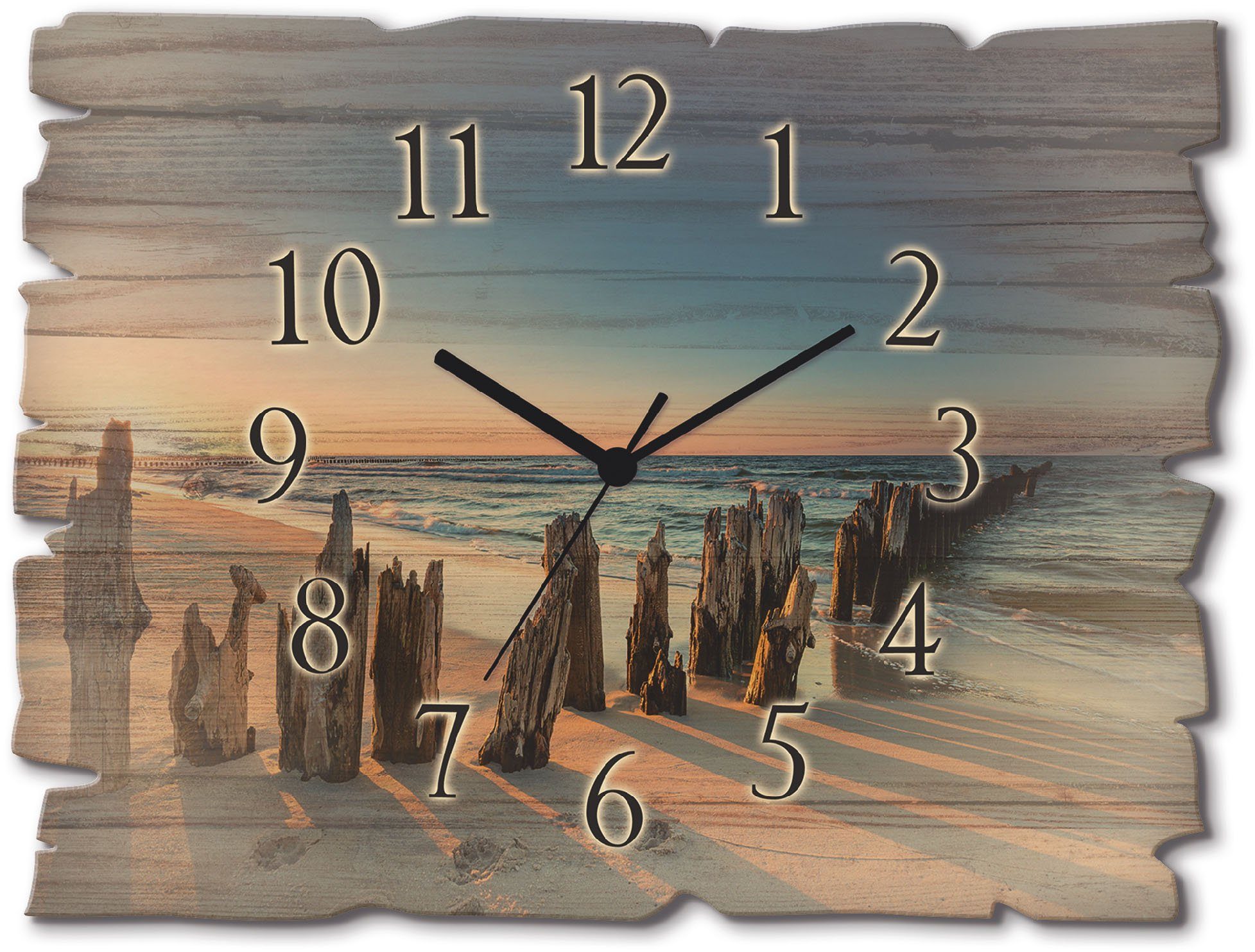 Artland Wanduhr Holzuhr Sonnenuntergang Strand Wellenbrecher (wahlweise mit Quarz- oder Funkuhrwerk, lautlos ohne Tickgeräusche)