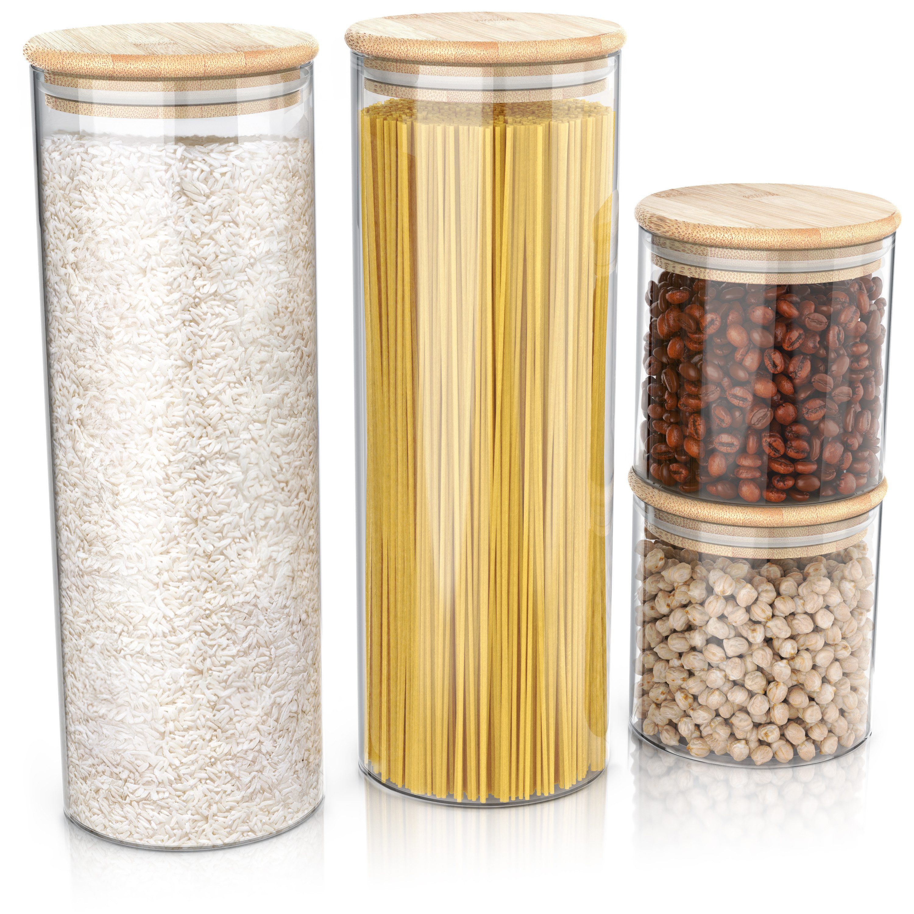 Arendo Aufbewahrungsbecher Glasbehälter 2x 0,785 & 2x 2,2L Borosilikat, Bambusdeckel, luftdicht, Borosilikatglas; Bambus; Silikon, (Vorratsbehälter-Set, 4-tlg., 4er Set), Hitzebeständig, umweltfreundlich, langlebig, mikrowellengeeignet