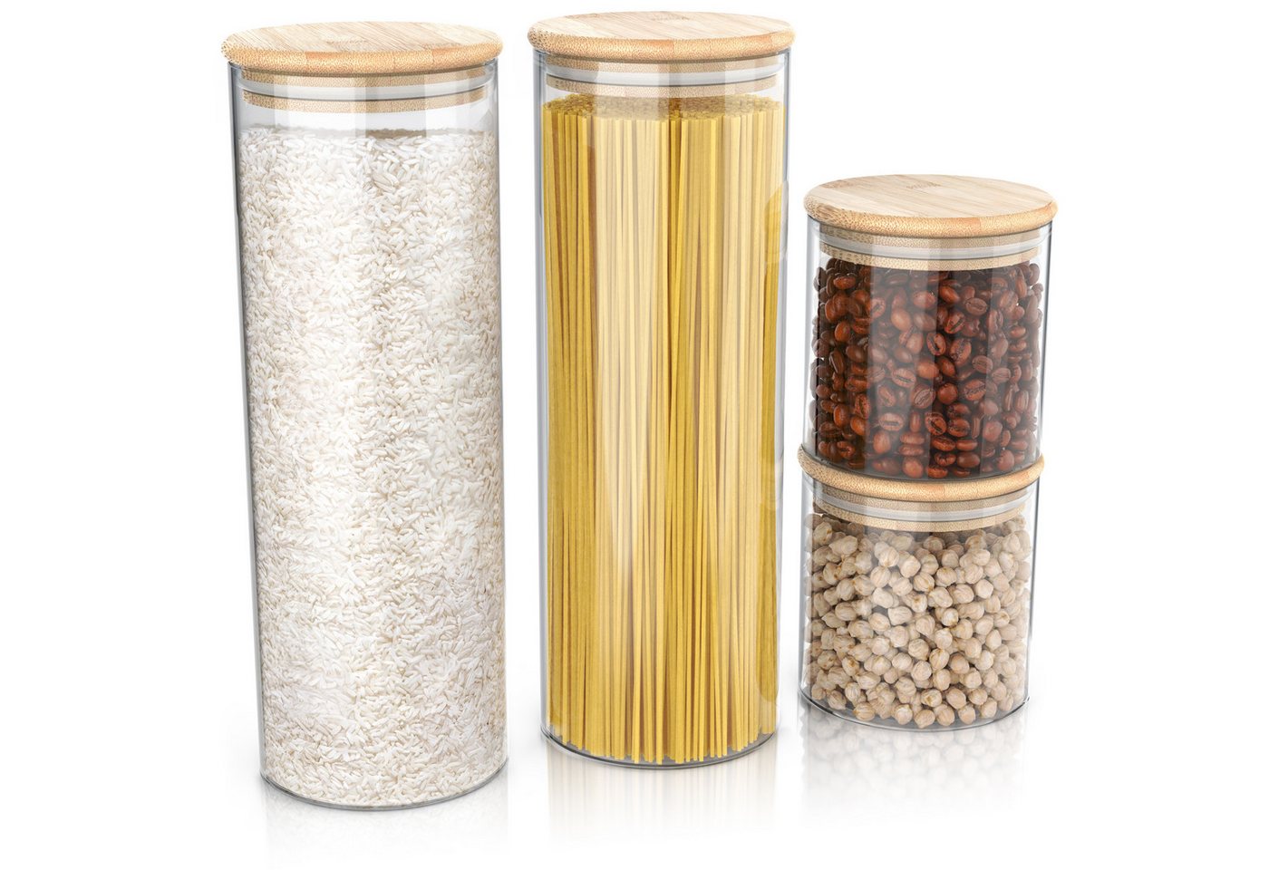 Arendo Aufbewahrungsbecher Glasbehälter 2x 0,785 & 2x 2,2L Borosilikat, Bambusdeckel, luftdicht, Borosilikatglas, Bambus, Silikon, (Vorratsbehälter-Set, 4-tlg., 4er Set), Vorratsdosen, Vorratsgläser, Hitzebeständig, mikrowellengeeignet