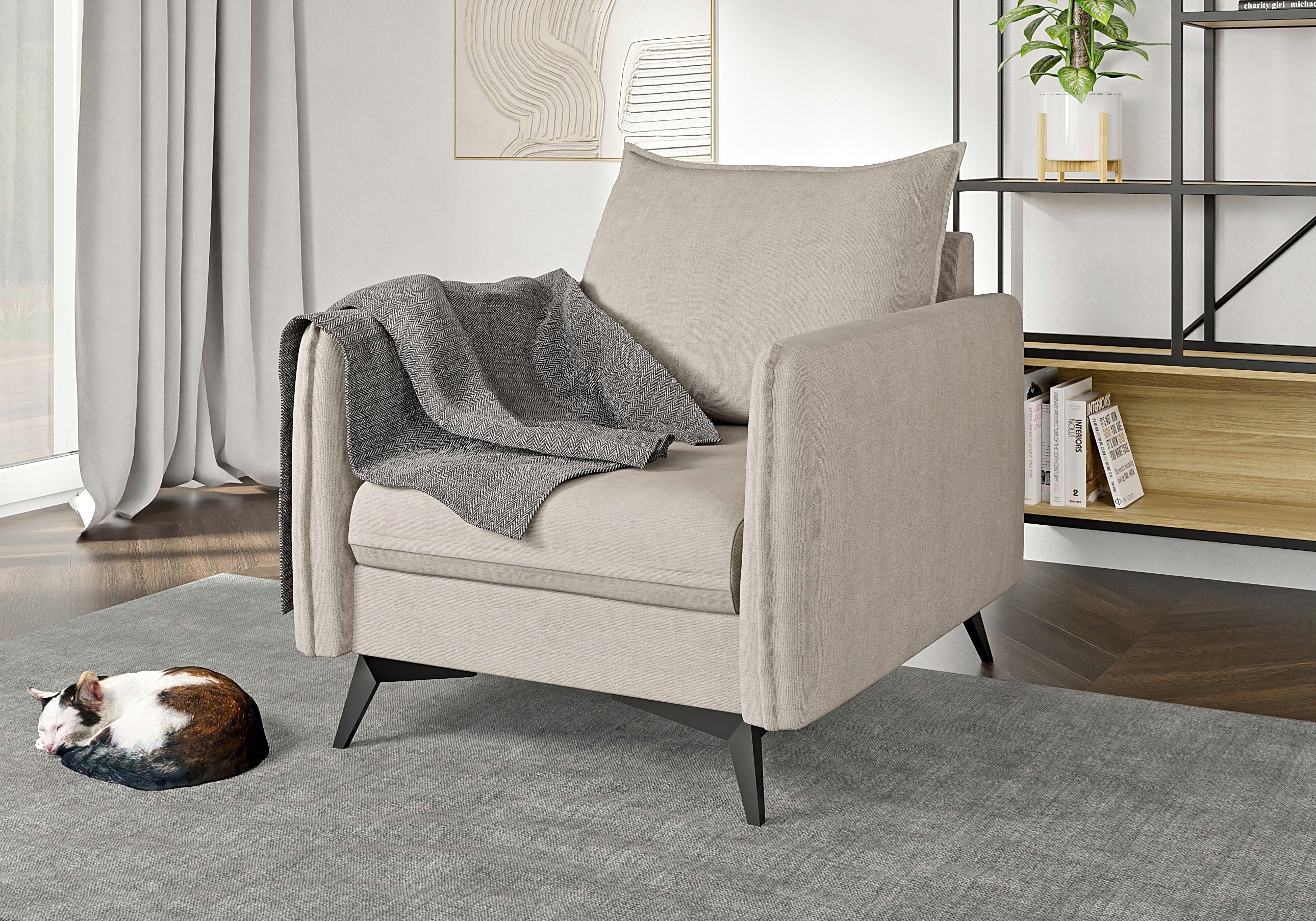 Sessel Wellenfederung Möbel Azalea Beige S-Style mit Füßen, Schwarz Metall mit Modernes