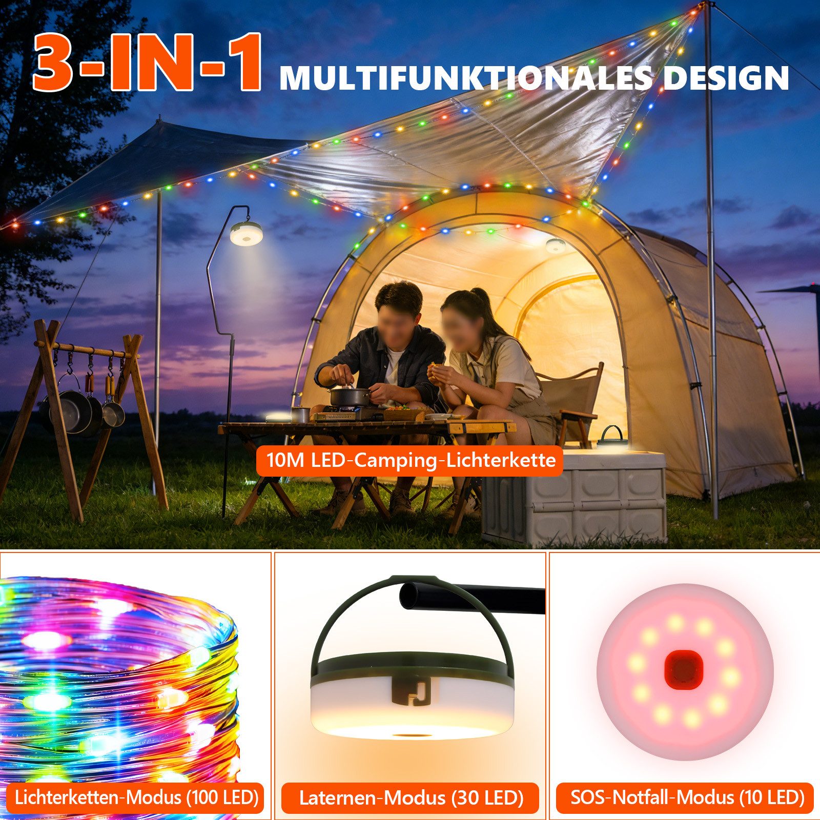 OZAVO LED-Lichterkette 1/2er Camping Lichterkette Aufrollbar Solar mit Fernbedienung Timer, 100-flammig, 10M 3-in-1 Tragbare Wiederaufladbare Lichterkette USB Aufladung