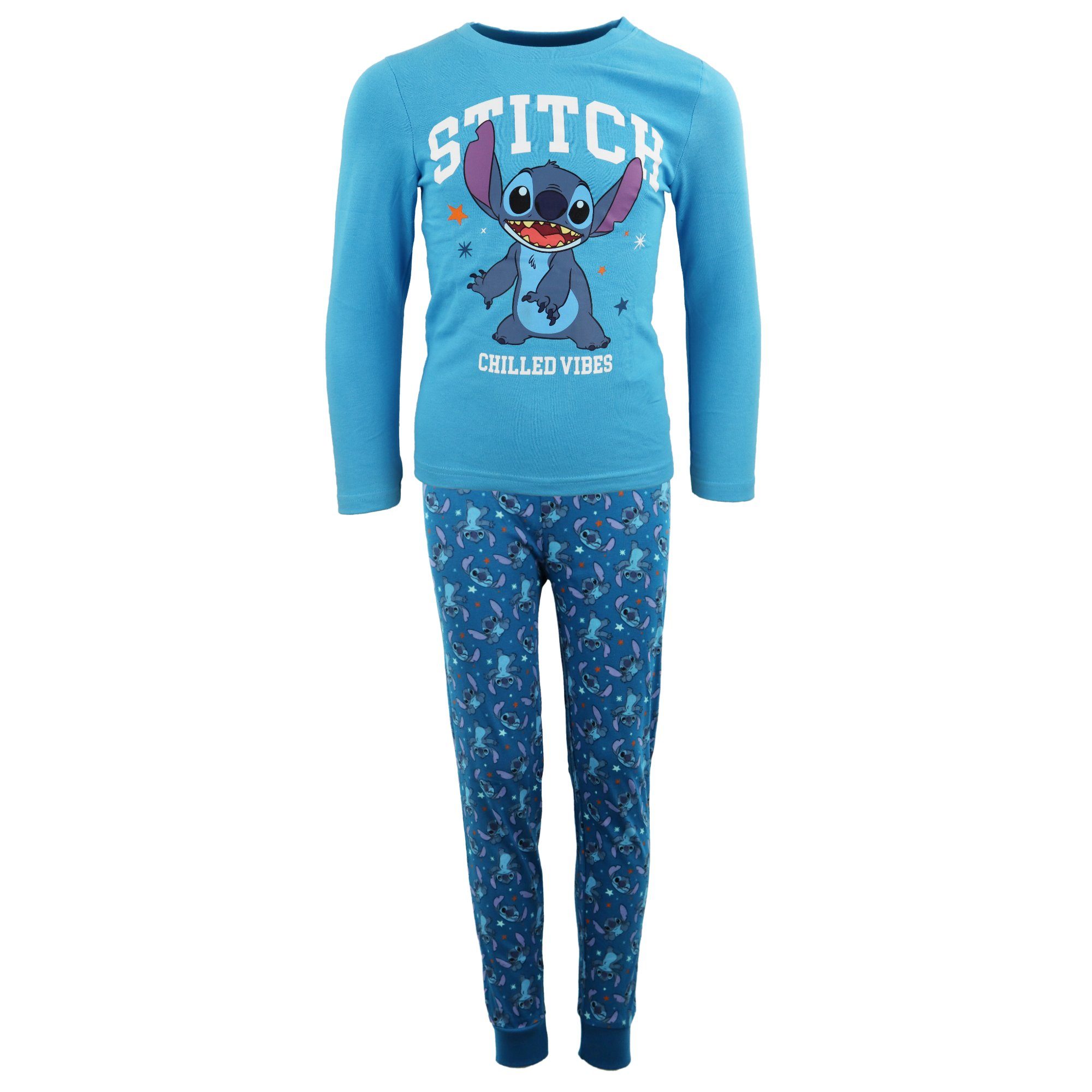 Disney Schlafanzug Disney Stitch Kinder Jungen langarm Pyjama Gr. 104 bis 134, 100% Baumwolle Blau