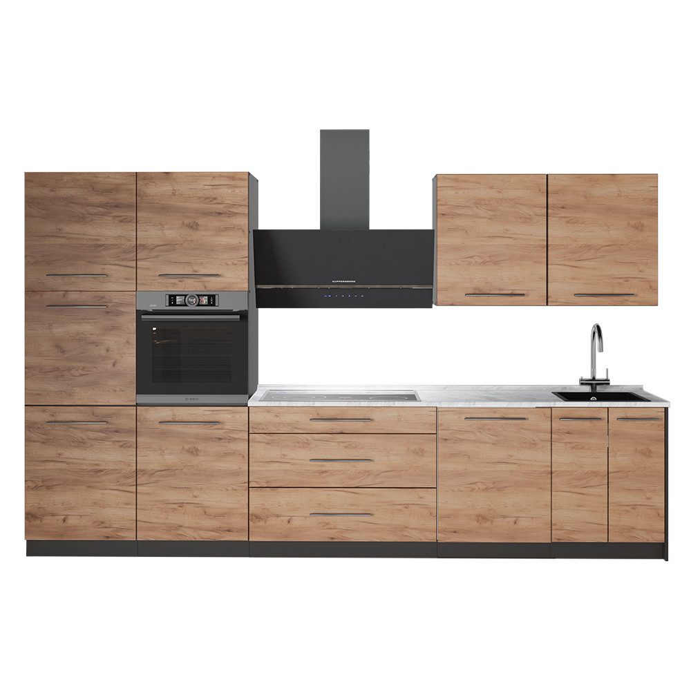 Vicco Küchenzeile Fame-Line, Goldkraft Eiche/Anthrazit, 340 cm, AP Marmor