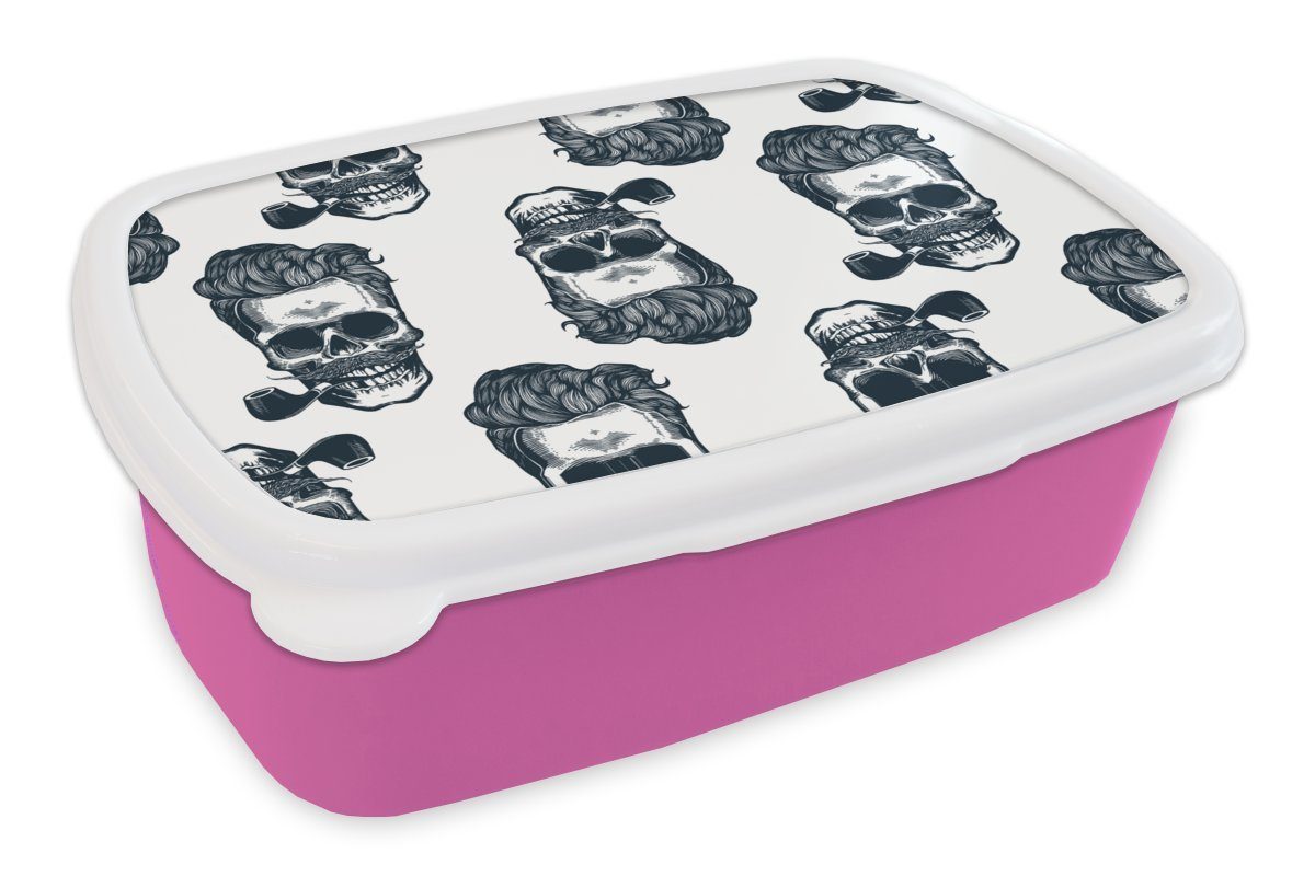 MuchoWow Lunchbox Puber - Totenkopf - Pfeife - Muster, Kunststoff, (2-tlg), Brotbox für Erwachsene, Brotdose Kinder, Snackbox, Mädchen, Kunststoff rosa