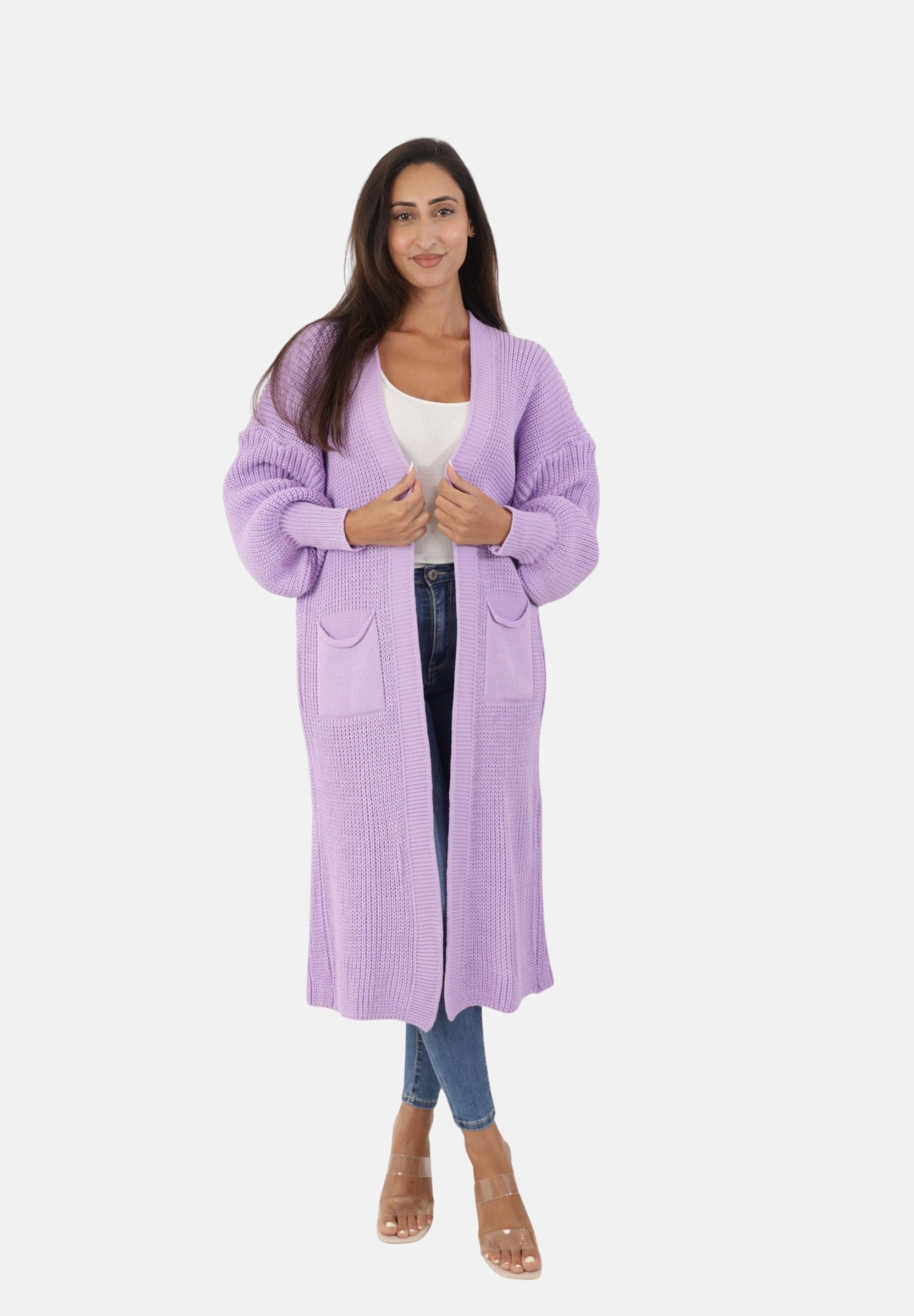 Elara Cardigan – Damen Longcardigan in Grobstrick mit Ballonärmeln und Taschen