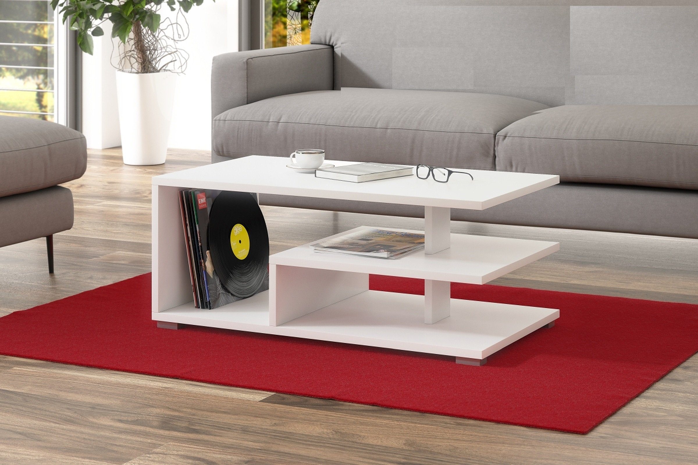 Mazzoni Couchtisch Design Tisch Link Weiß matt Wohnzimmertisch 90x50x40 mit Ablagefläche