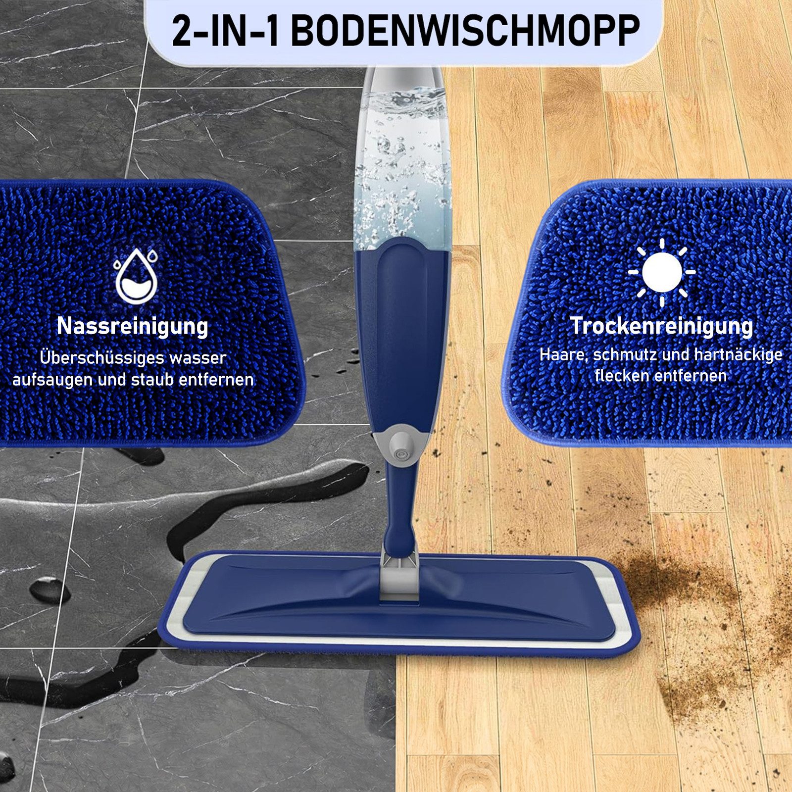 HUGERSTONE Sprühwischer 360 Grad Rotierender Wischmopp, Bodenwischer mit 435ml Wassertank (Nass- und Trockenmopp mit 4 Mikrofaserbezug und Schaber) Geeignet für die Reinigung der Meisten Bodenarten
