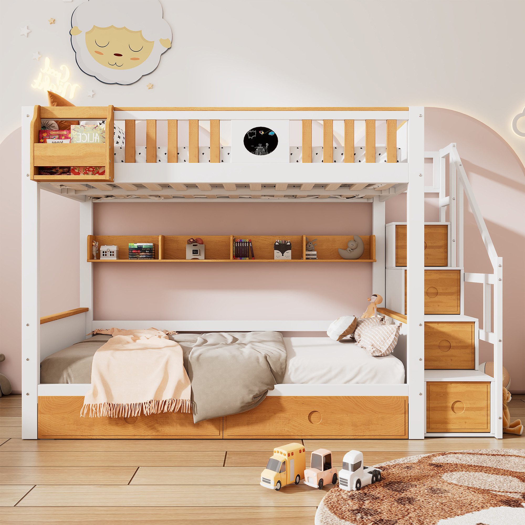 Odikalo Kinderbett Etagenbett Hochbett Treppe Stauraum Rahmen Weiß+Natur 90 günstig online kaufen