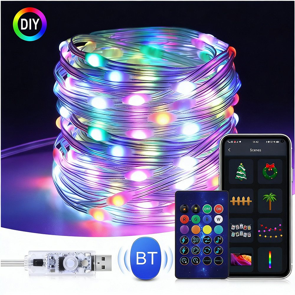PRIISF LED-Lichterkette Lichtschlauch Lichterschlauch Programmierbar USB RGB Streifen Xmas, App Controller Bluetooth Musik Sync Lampe DIY Weihnachten