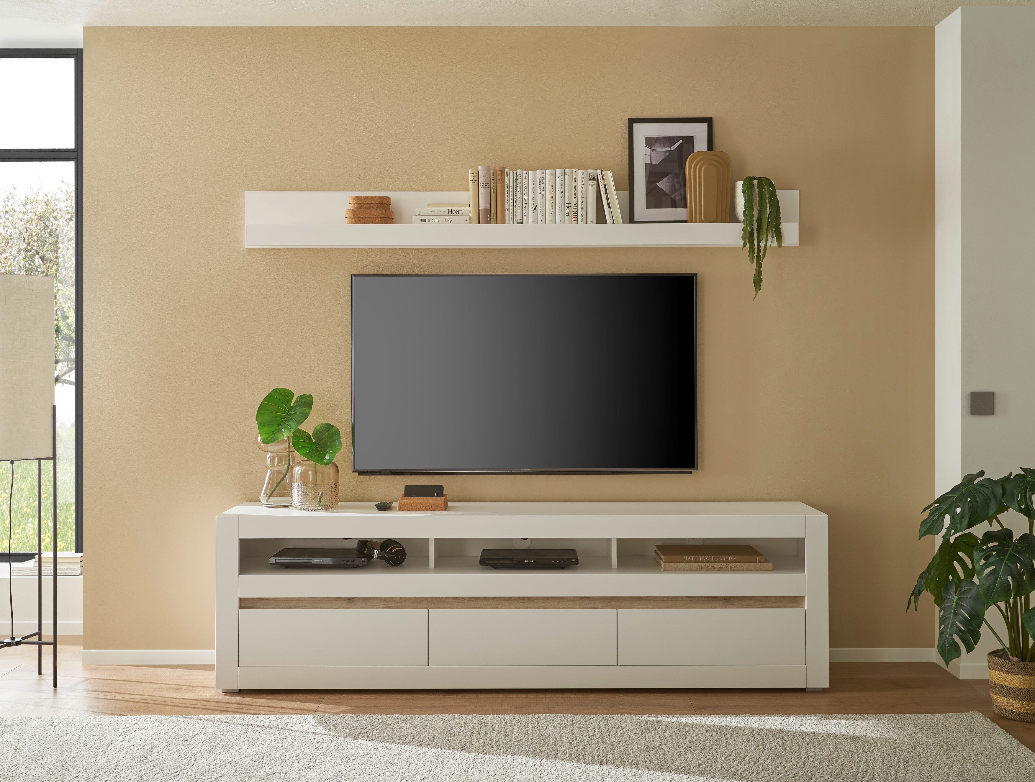 INOSIGN Wohnwand Anbauwand in Weiß Matt, Wohnzimmer-Set mit austauschbarer Blende, (Set, 2-St), enhält Lowboard, Wandboard, zeitloses Design, 217 cm breit