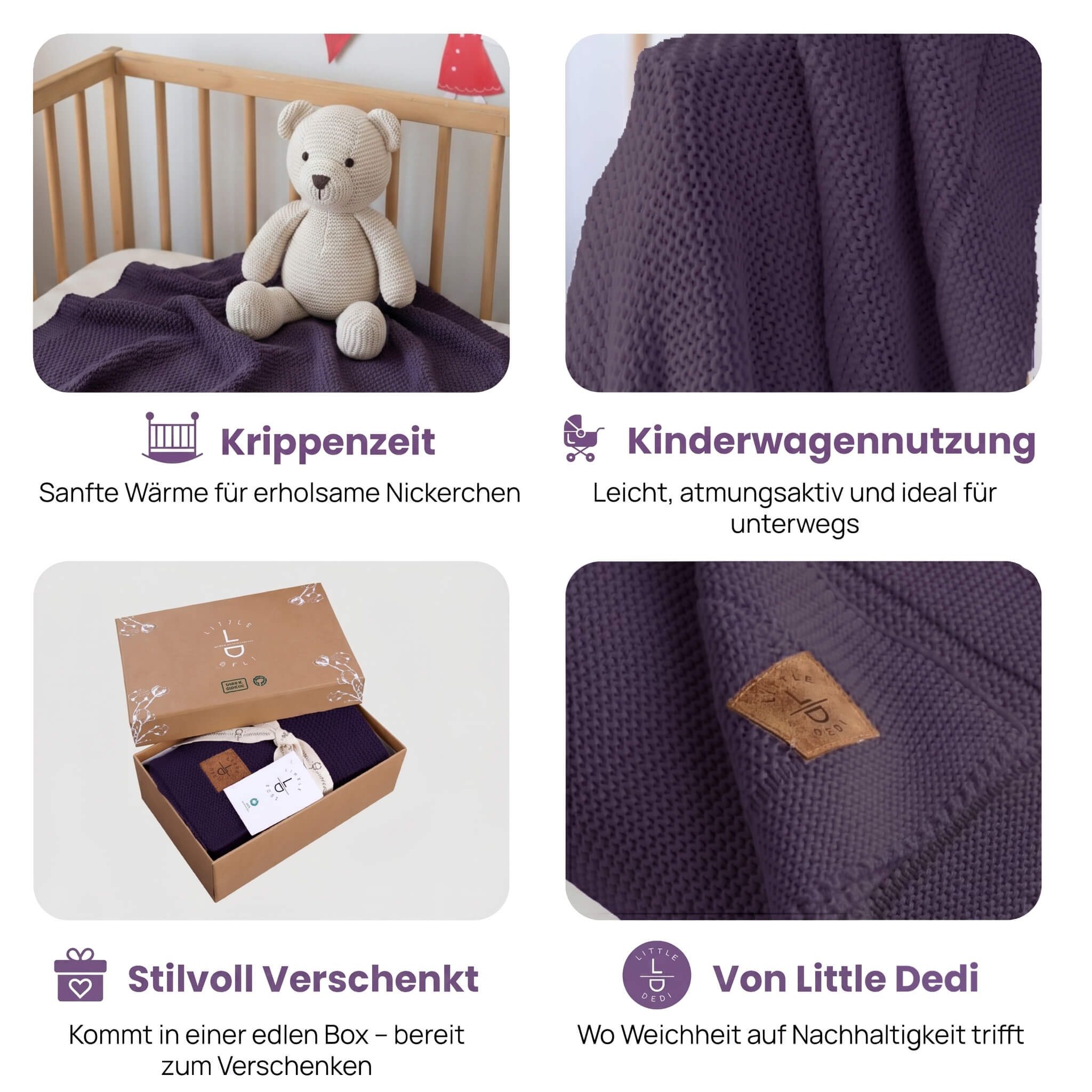 Babydecke Baby Strickdecke, %100 Bio Baumwolle, Atmungsaktiv, 80x100cm, Violett, Little Dedi